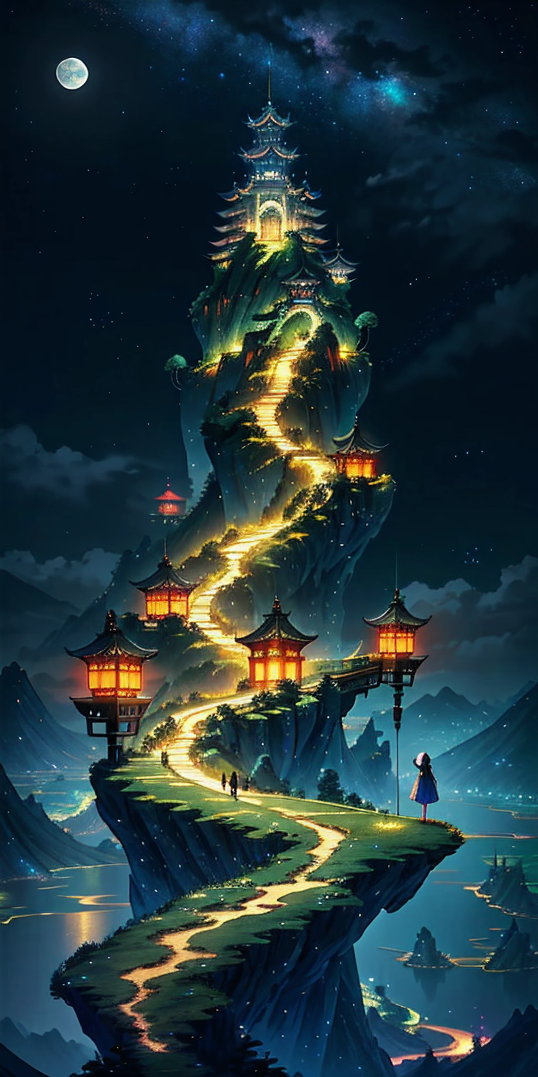 sky, star (sky), scenery, starry sky, night, 1girl, night sky, solo, outdoors, cloud, moon, sitting, long hair, winner of cg society competition, fantasy art, Chinese landscape, Chinese fantasy, Chinese ink style, pin ancient city view, order Impressive fantasy landscape, most epic landscape, avatar landscape, chinese village beside a lake