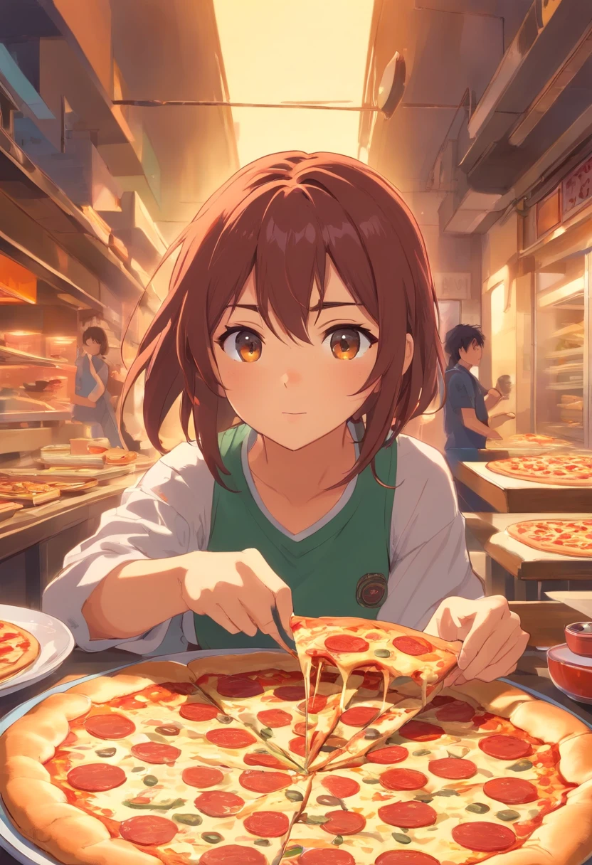 Donatelo, tartarugas mutantes ninjas, comendo uma pizza em um esgoto, detalhes perfeitos e detalhados, corpo perfeito, perfect hands, orange head faiza, olhos perfeitos