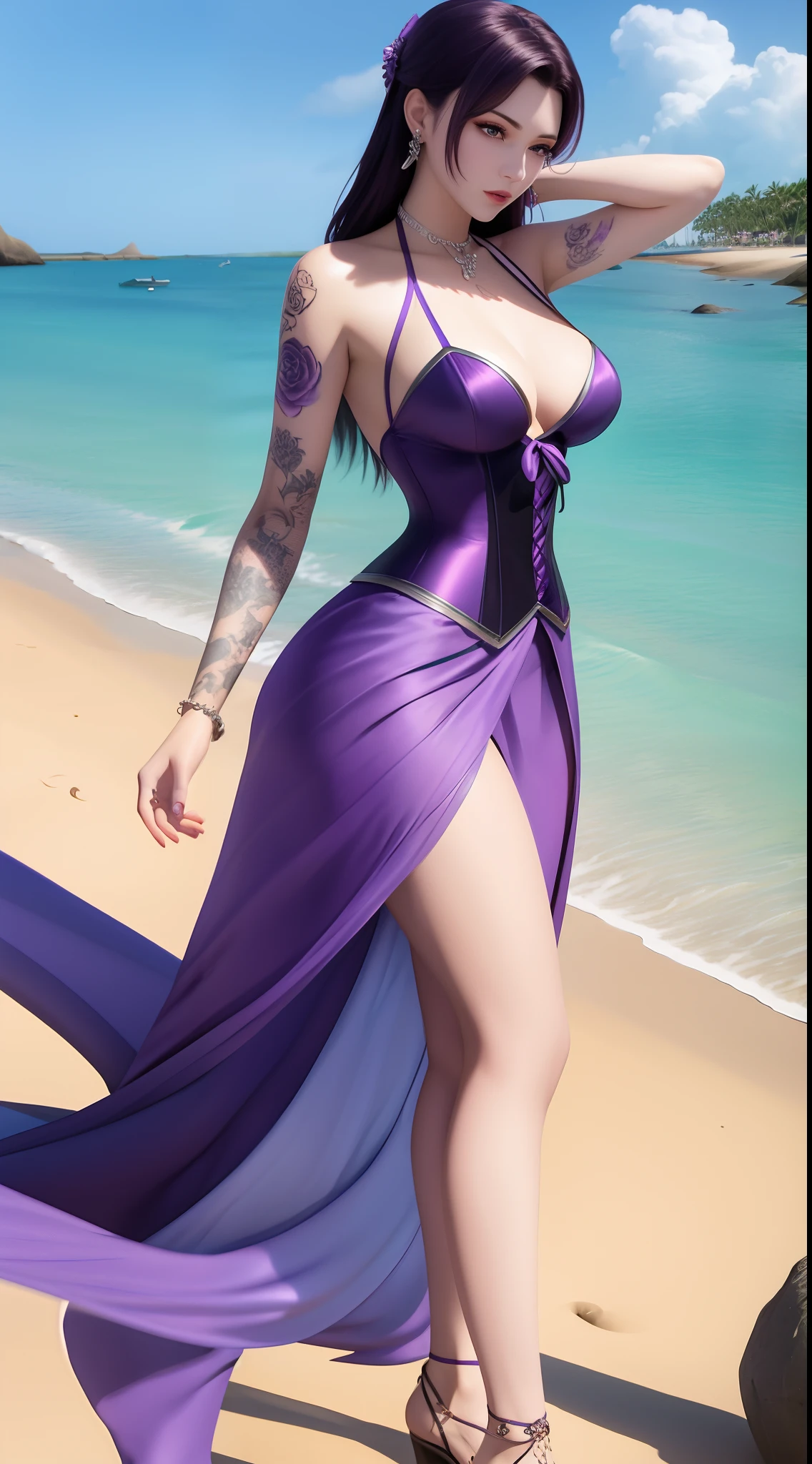 An animated woman posing in front of the beach in a very sexy purple dress and corset,Tattooed with