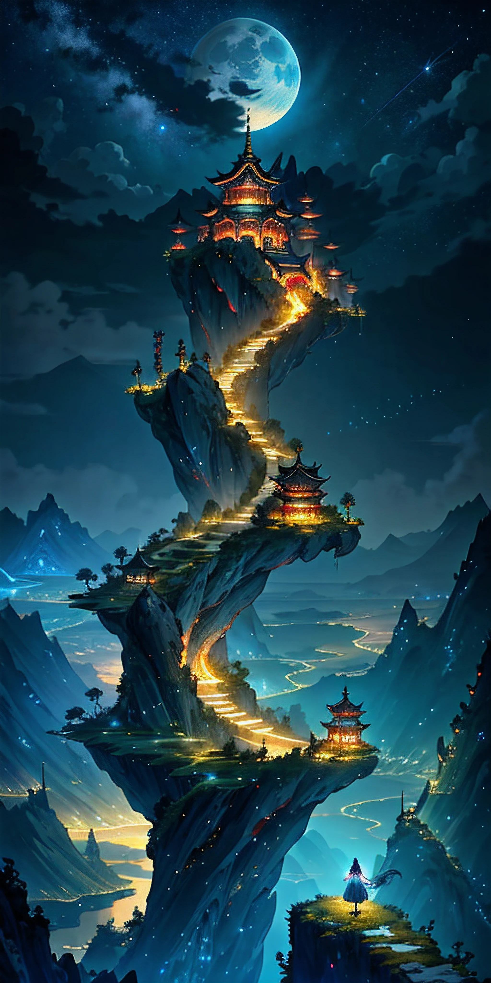 sky, star (sky), scenery, starry sky, night, 1girl, night sky, solo, outdoors, cloud, moon, sitting, long hair, winner of cg society competition, fantasy art, Chinese landscape, Chinese fantasy, Chinese ink style, pin ancient city view, order Impressive fantasy landscape, most epic landscape, avatar landscape, chinese village beside a lake