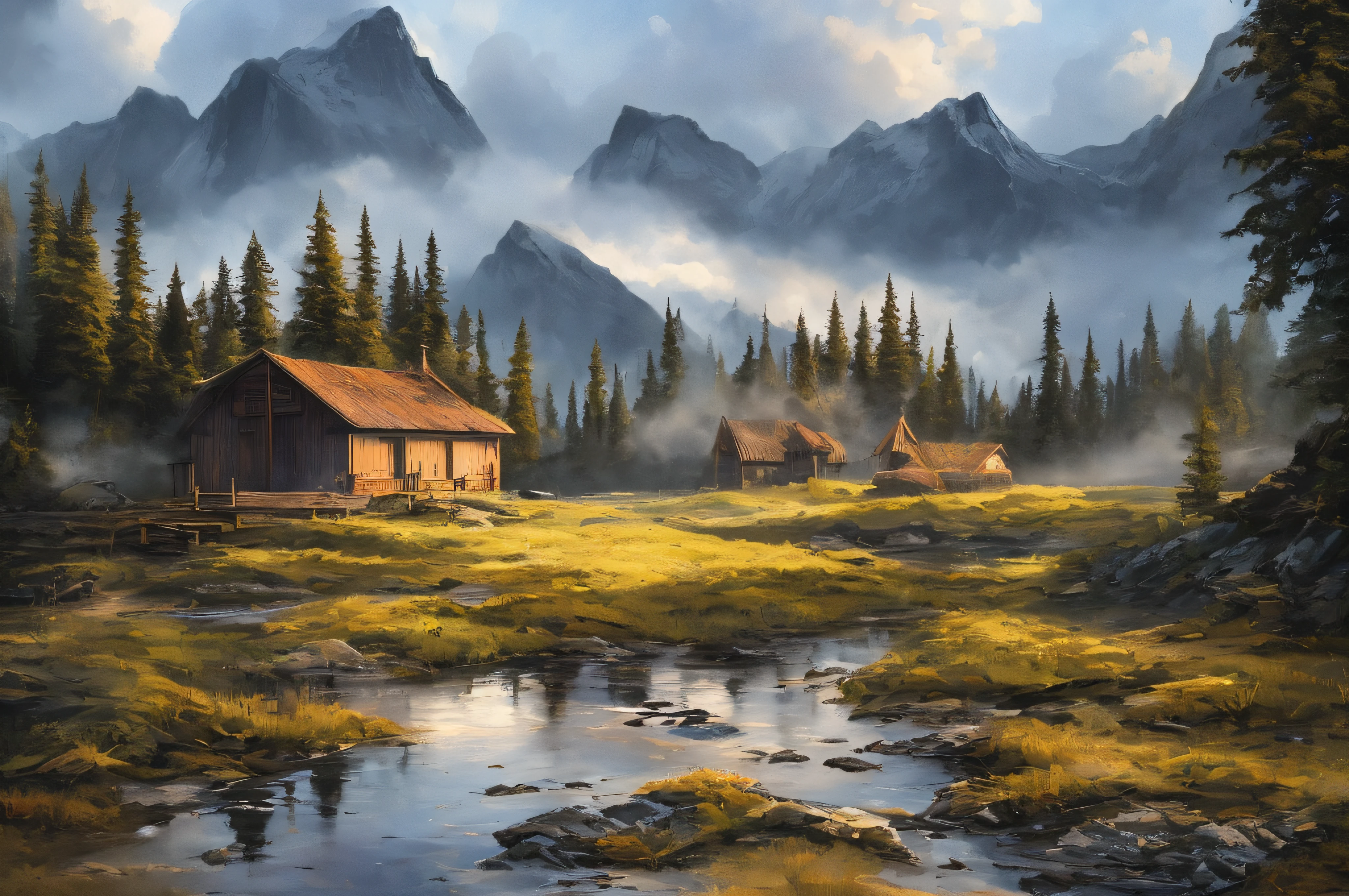 samdoesarts style. physical palette knife painting, thick Oil paint, stunning landscape, vast scale, soft colors, muted contrast, extremely detailed and intricate. 
swedish sauna, mountains, view, God rays, sharp focus