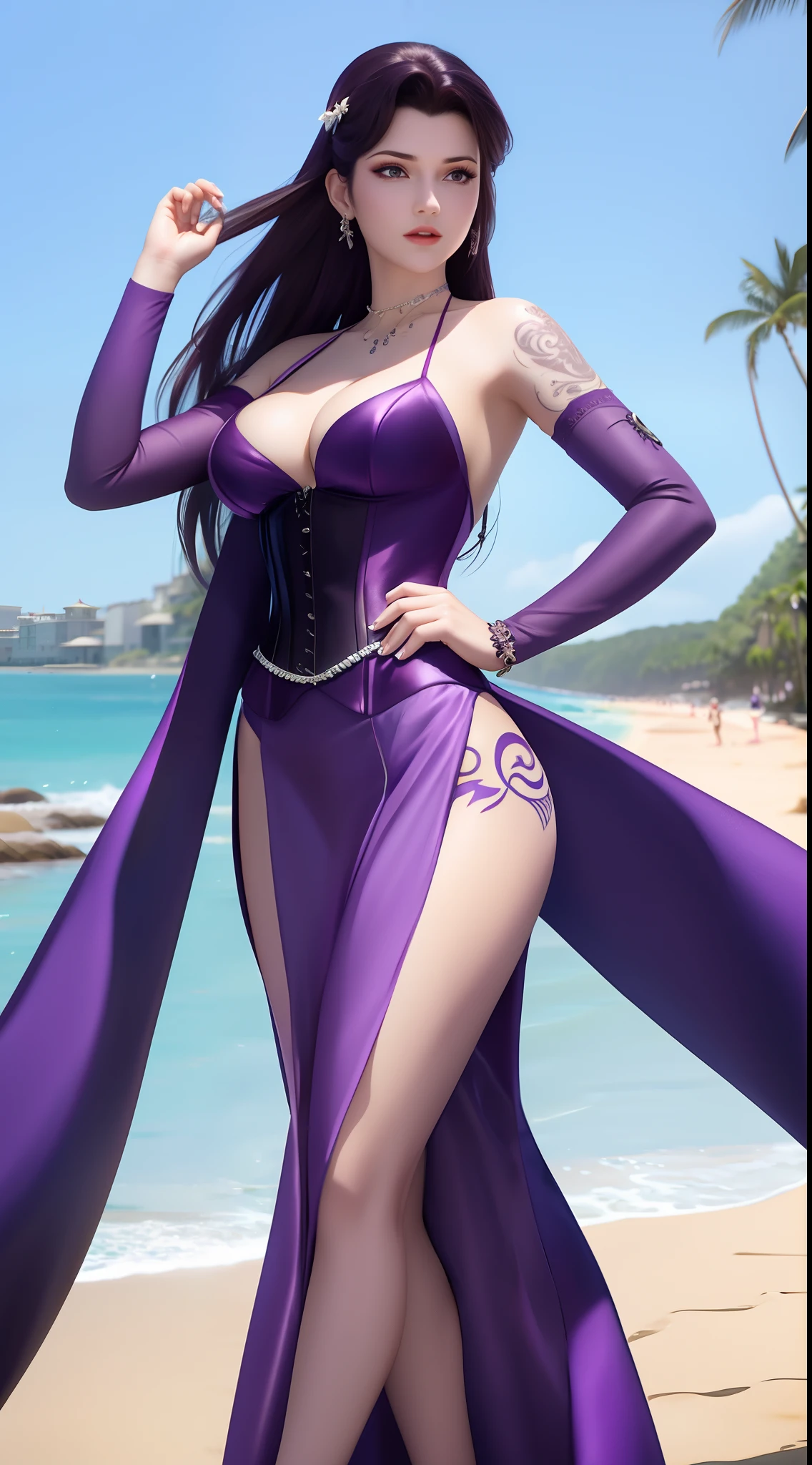 An animated woman posing in front of the beach in a very sexy purple dress and corset,Tattooed with
