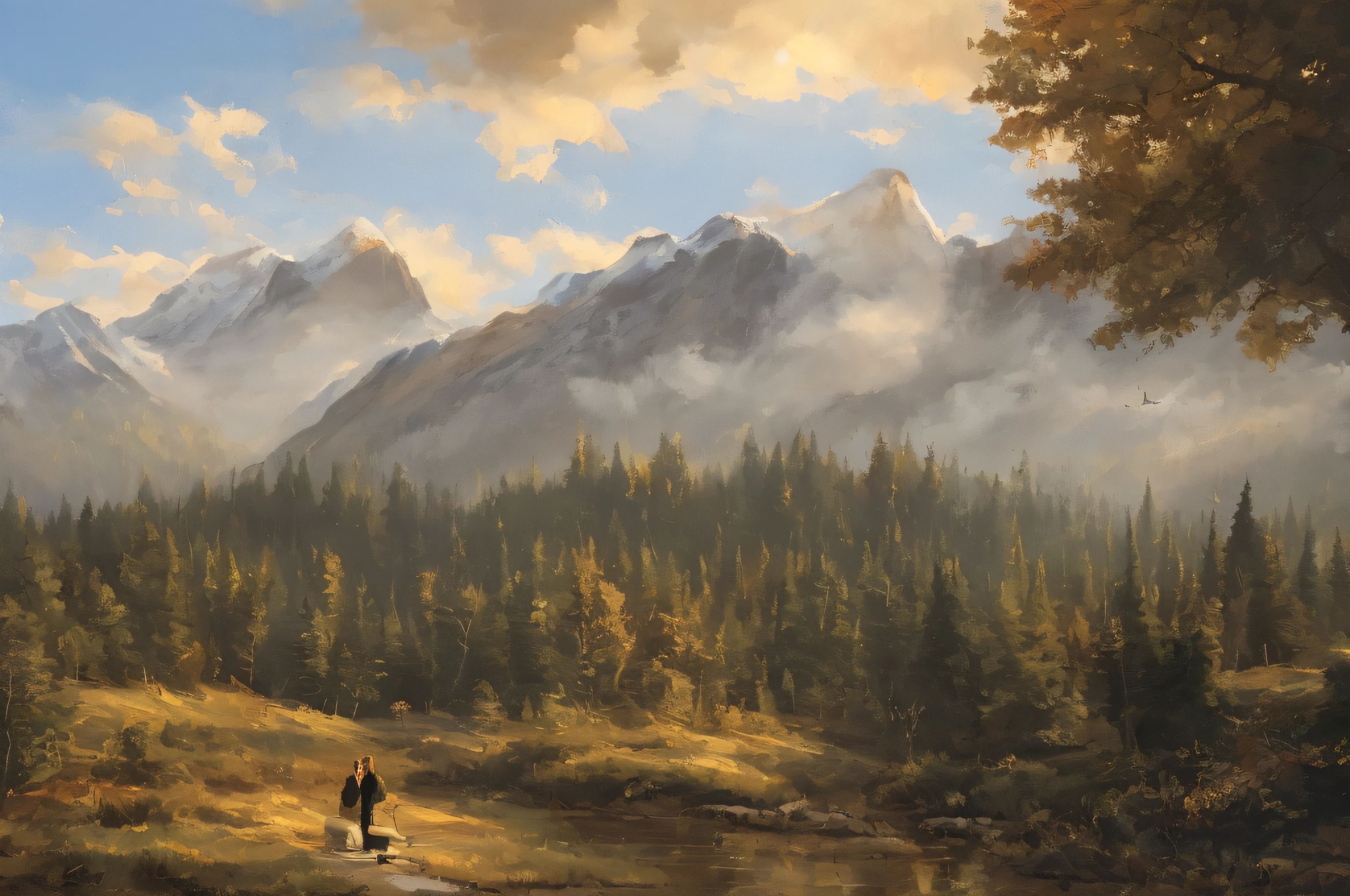 samdoesarts style. physical palette knife painting, thick Oil paint, stunning landscape, vast scale, soft colors, muted contrast, extremely detailed and intricate. 
swedish sauna, mountains, view, God rays, sharp focus