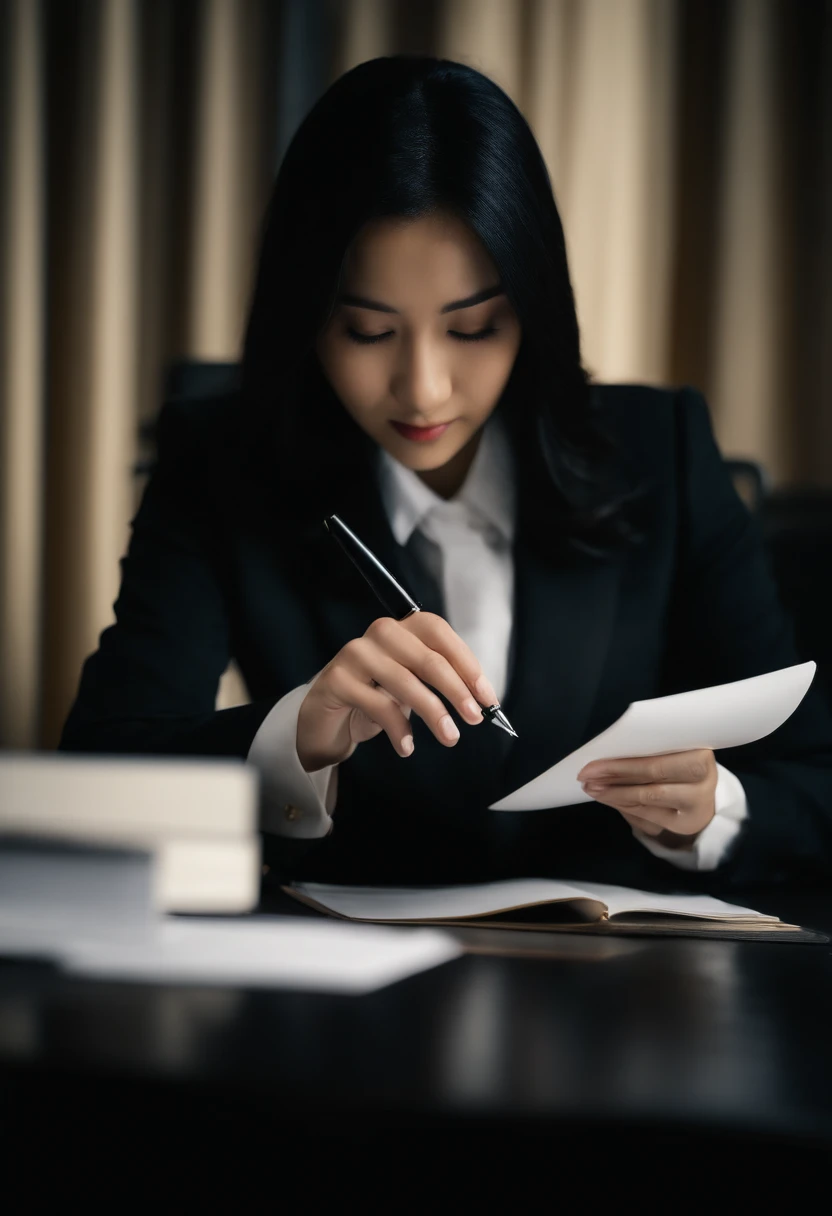 Wearing black leather gloves in both hands, upper body, black business suit, facing the desk in the modern study in the dark, looking down and smiling, writing a letter using a fountain pen, long, straight black hair, young Japanese woman (black leather gloves cover both hands)