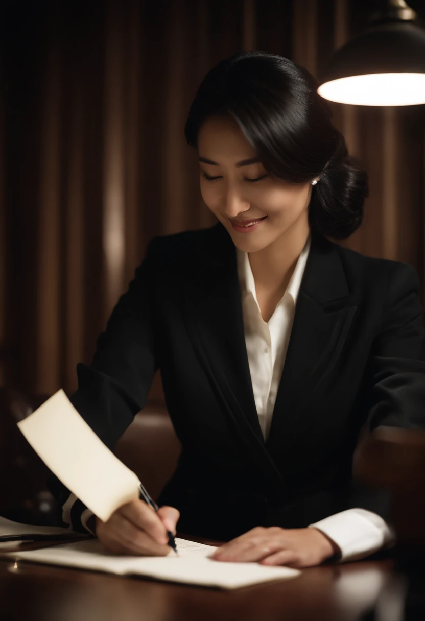 Wearing black leather gloves in both hands, upper body, black business suit, facing the desk in the modern study in the dark, looking down and smiling, writing a letter using a fountain pen, long, straight black hair, young Japanese woman (black leather gloves cover both hands)