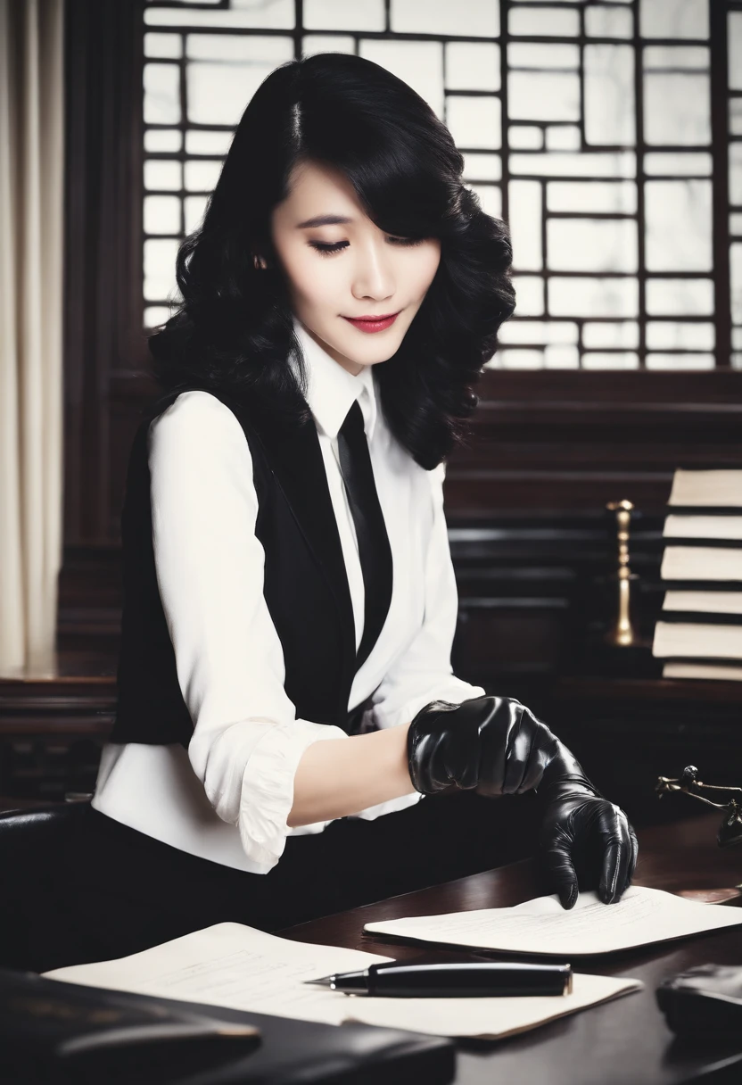 Wearing black leather gloves in both hands, upper body, black business suit, facing the desk in the modern study in the dark, looking down and smiling, writing a letter using a fountain pen, long, straight black hair, young Japanese woman (black leather gloves cover both hands)