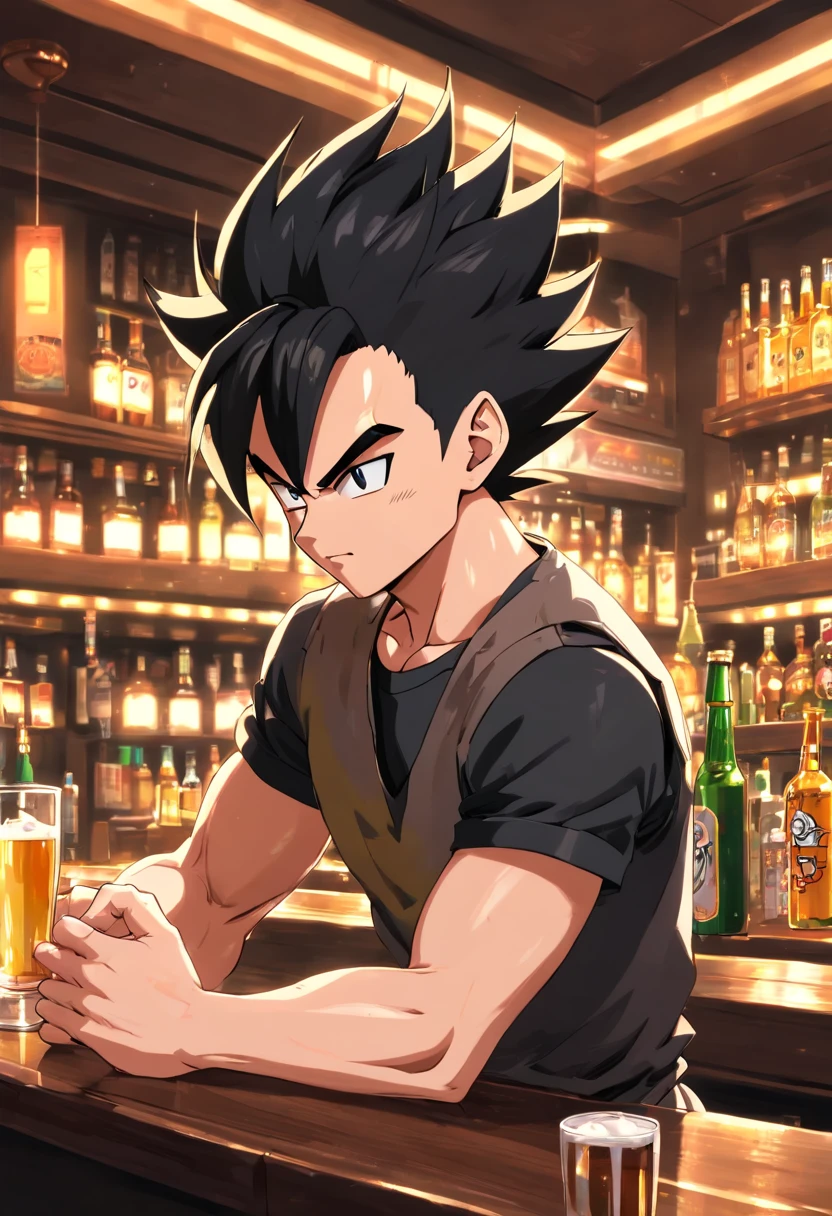 Vegeta, Dragon ball z, masculino, ((((vestindo Terno Preto))))), Bebendo uma cerveja em uma bar, incredible details, corpo perfeito, perfect hands, rosto perfeito, dynamic background of a bar