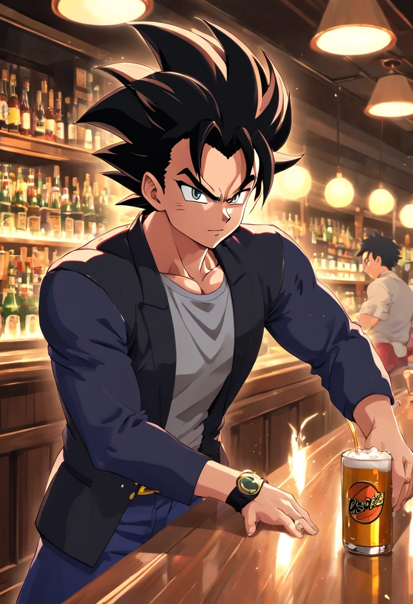 Goku, (((masculino))), (((Dragon ball z))), tomando um drink em um bar, detalhes perfeitos, perfect hands, expression serious, olhos perfeitos, roupa estilo esporte fino, Tern, Dress pants, incredible shadows, barman ao fundo, bebidas brilhantes e fluidas,