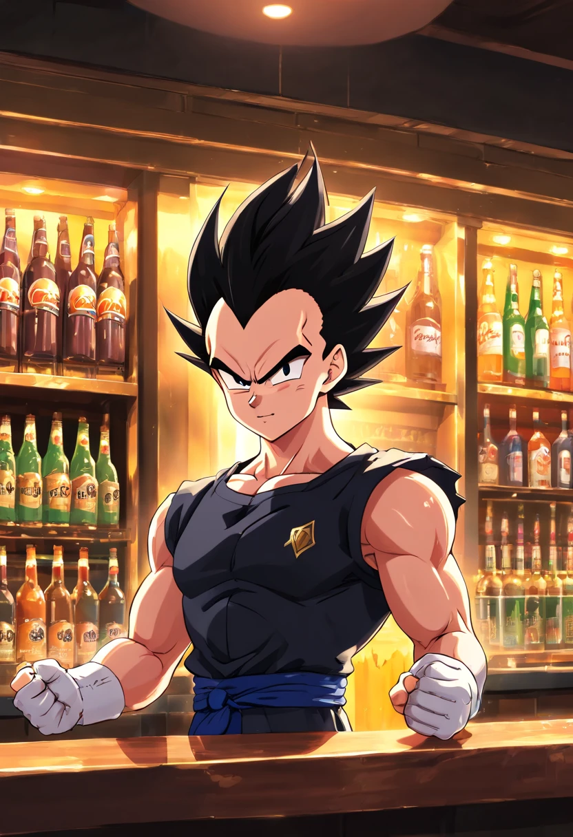 Vegeta, Dragon ball z, masculino, ((((vestindo Terno Preto))))), Bebendo uma cerveja em uma bar, incredible details, corpo perfeito, perfect hands, rosto perfeito, dynamic background of a bar