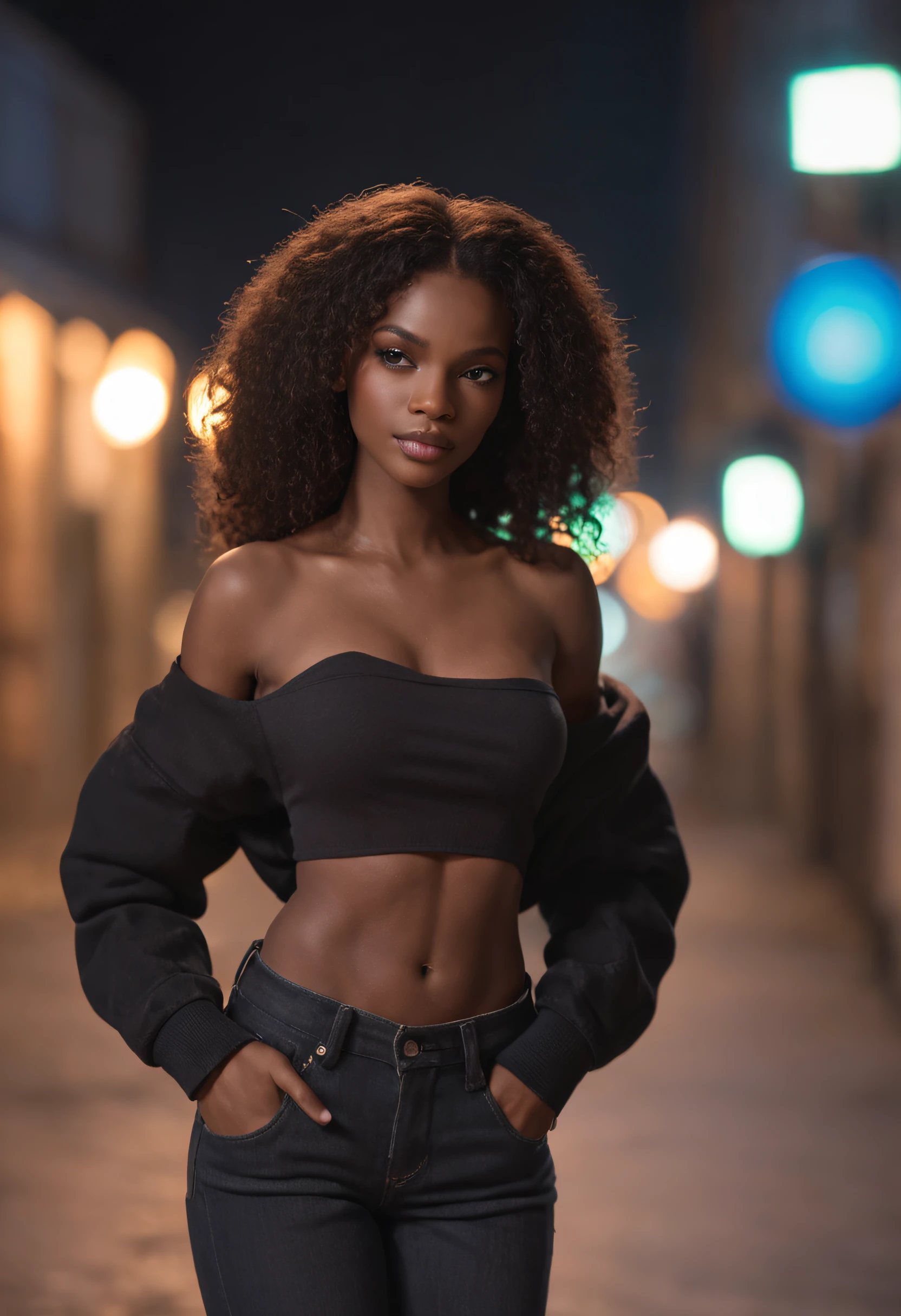 ultra realistic photo, full body, best quality, masterpiece, black woman inspired by Barbie, black skin, beautiful face, wearing jeans: 0.91 and black sweatshirt, realistic smooth skin, ultra realistic skin, pastel neon, night, dynamic lighting, on a street in Rio de Janeiro, (dynamic pose:1.10), (good composition:1.10), (subtle lighting:1.10), (Awarded:1.10), ((breathtaking:1.10:1.35)) , ( πrim-work :1.10), (highly detailed skin:1.2), (filmic grain:0.04), particle effects, __Camera capture_Models/sigma__, NEWS TYPE, speed lines, (perfect handsome young face:1.10) , (Pink :1.10)