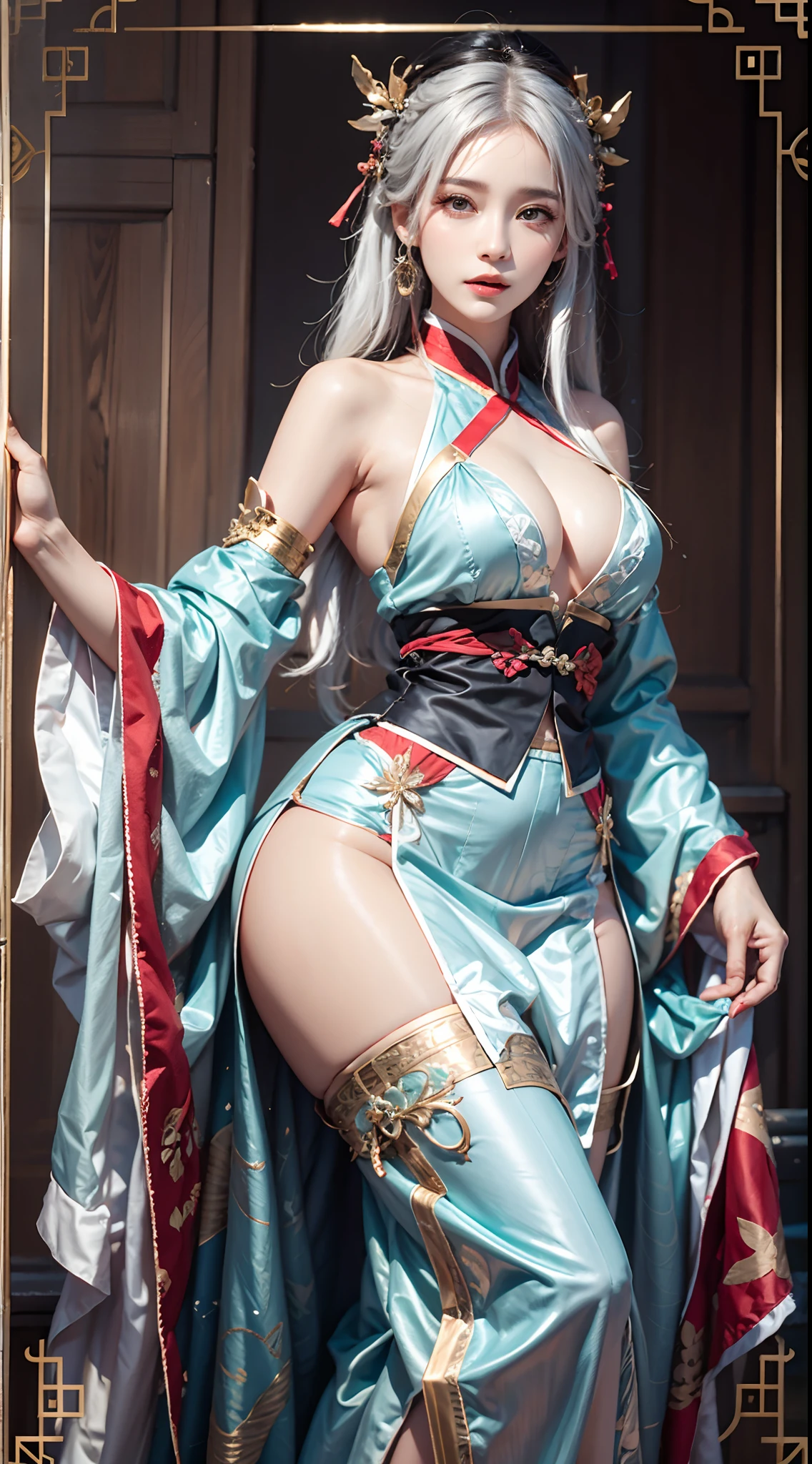 photorealistic, high resolution, 1women, mature female, solo, hips up, white hair, hanfu
