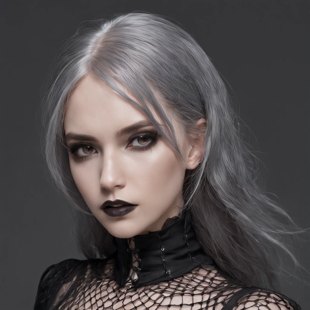 Girl in symbolic clothes of Gothic net, 。.。.com (Barbed wire for the body) brunette color hair,Gray hair ends