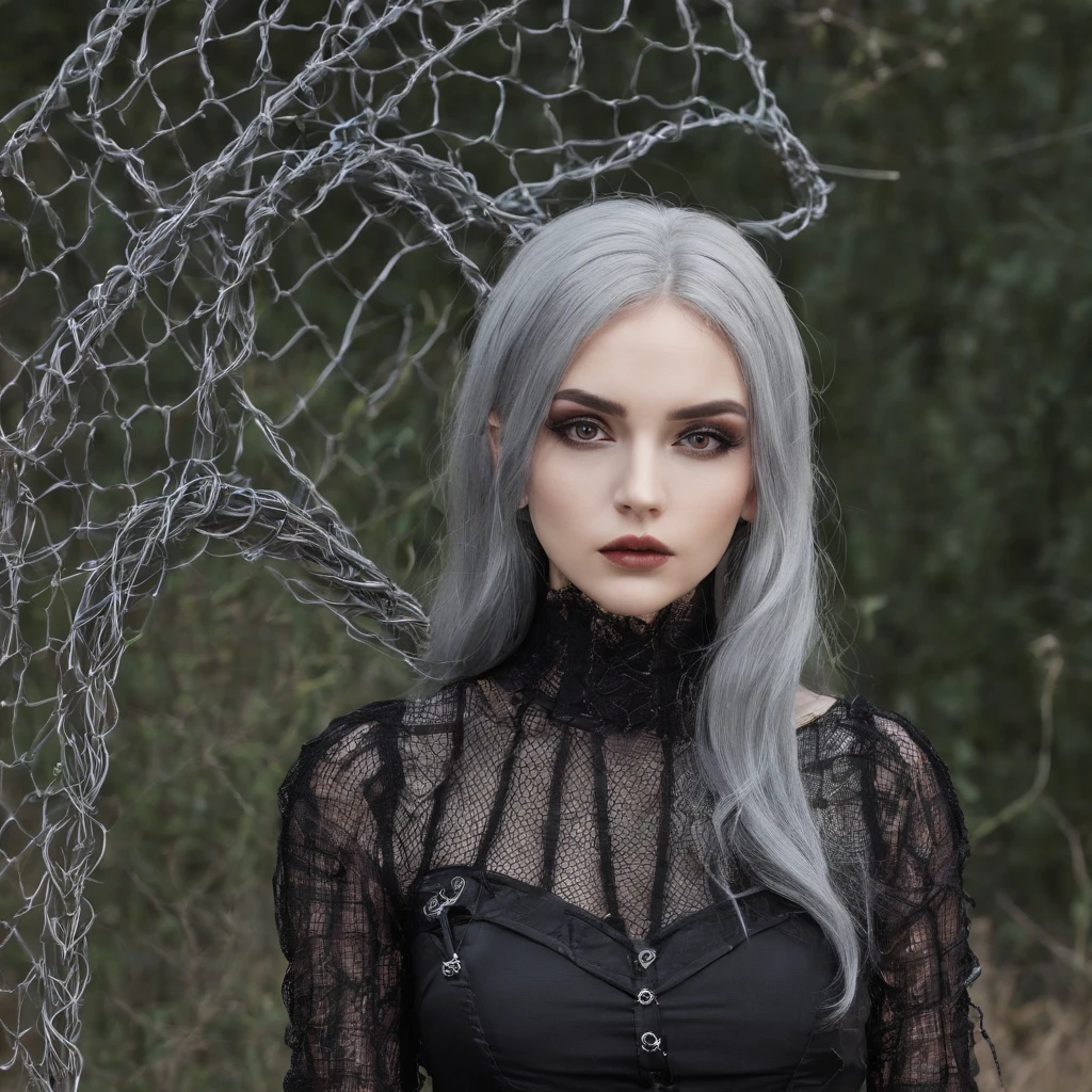 Girl in symbolic clothes of Gothic net, 。.。.com (Barbed wire for the body) brunette color hair，Gray hair ends