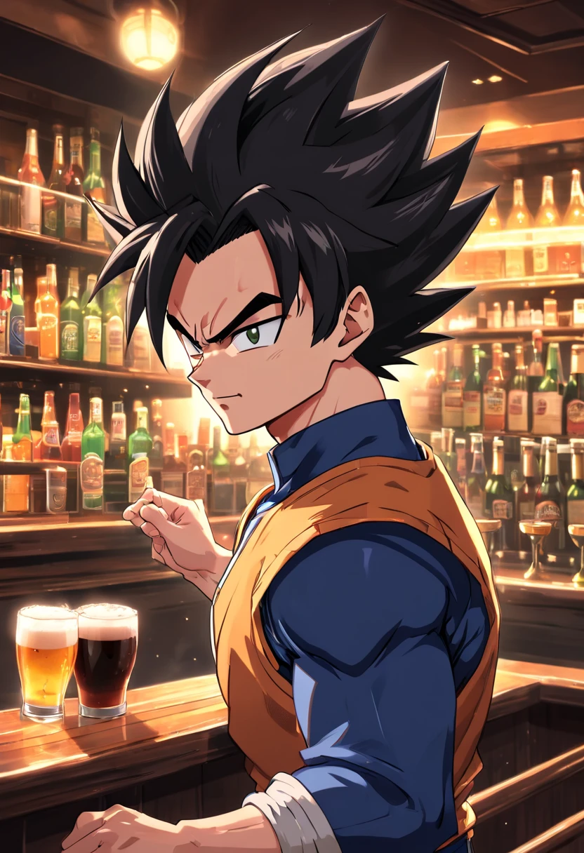 Vegeta, Dragon ball z, masculino, ((((vestindo terno preto))))), Bebendo uma cerveja em uma bar, incredible details, corpo perfeito, perfect hands, rosto perfeito, dynamic background of a bar