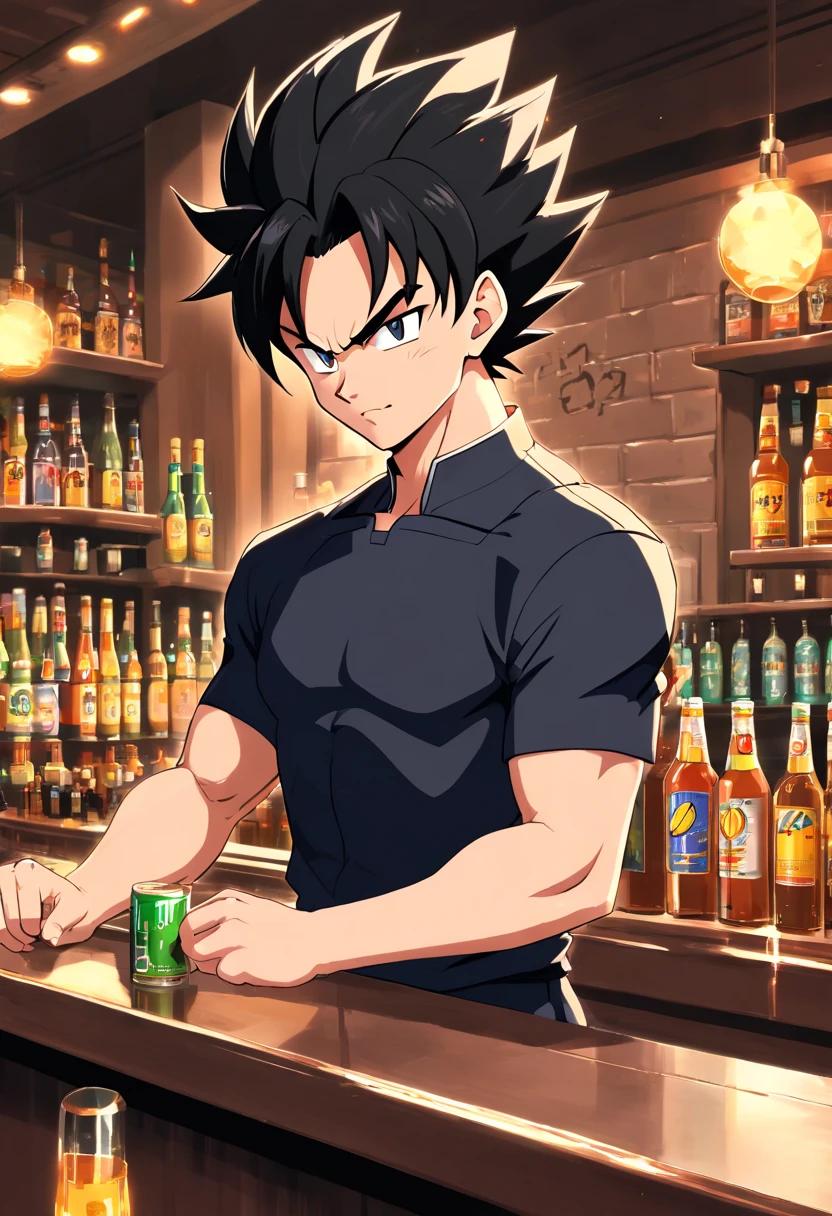 Vegeta, Dragon ball z, masculino, ((((vestindo terno preto))))), Bebendo uma cerveja em uma bar, incredible details, corpo perfeito, perfect hands, rosto perfeito, dynamic background of a bar