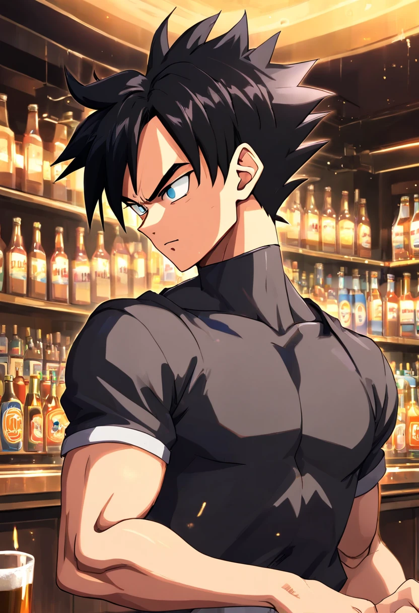 Vegeta, Dragon ball z, masculino, ((((vestindo terno preto))))), Bebendo uma cerveja em uma bar, incredible details, corpo perfeito, perfect hands, rosto perfeito, dynamic background of a bar