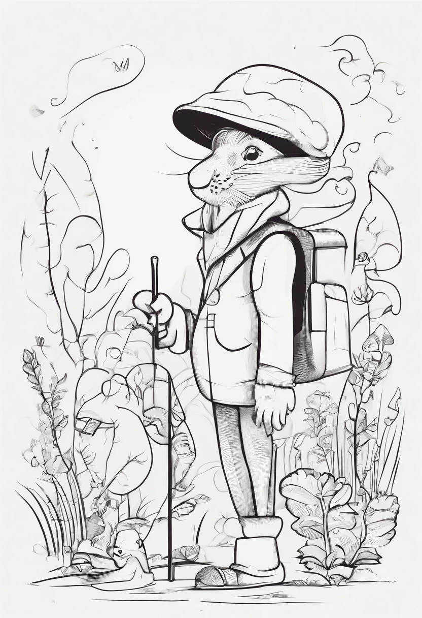 smurf, human with cat head, mushroom hat, carrying snail on a stick