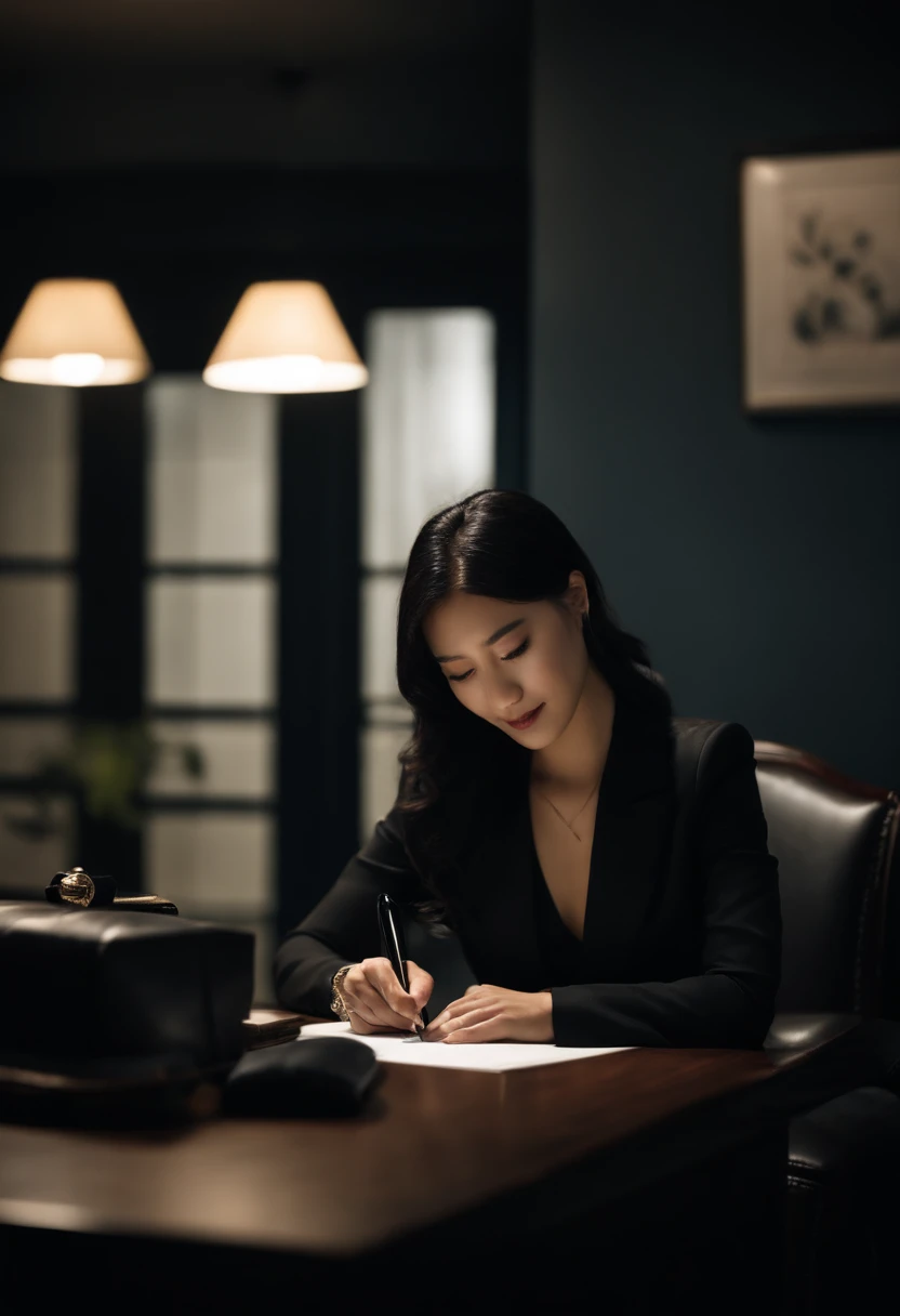 Wearing black leather gloves in both hands, upper body, black business suit, facing the desk in the modern study in the dark, looking down and smiling, writing a letter using a fountain pen, long, straight black hair, young Japanese woman (black leather gloves cover both hands)