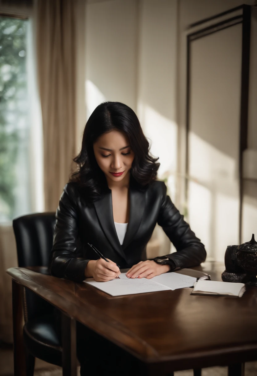 Wearing black leather gloves in both hands, upper body, black business suit, facing the desk in the modern study in the dark, looking down and smiling, writing a letter using a fountain pen, long, straight black hair, young Japanese woman (black leather gloves cover both hands)