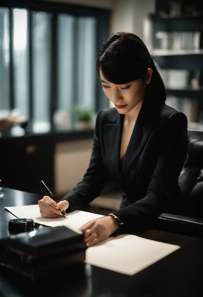 Wearing black leather gloves in both hands, upper body, black business suit, facing the desk in the modern study in the dark, looking down and smiling, writing a letter using a fountain pen, long, straight black hair, young Japanese woman (black leather gloves cover both hands)