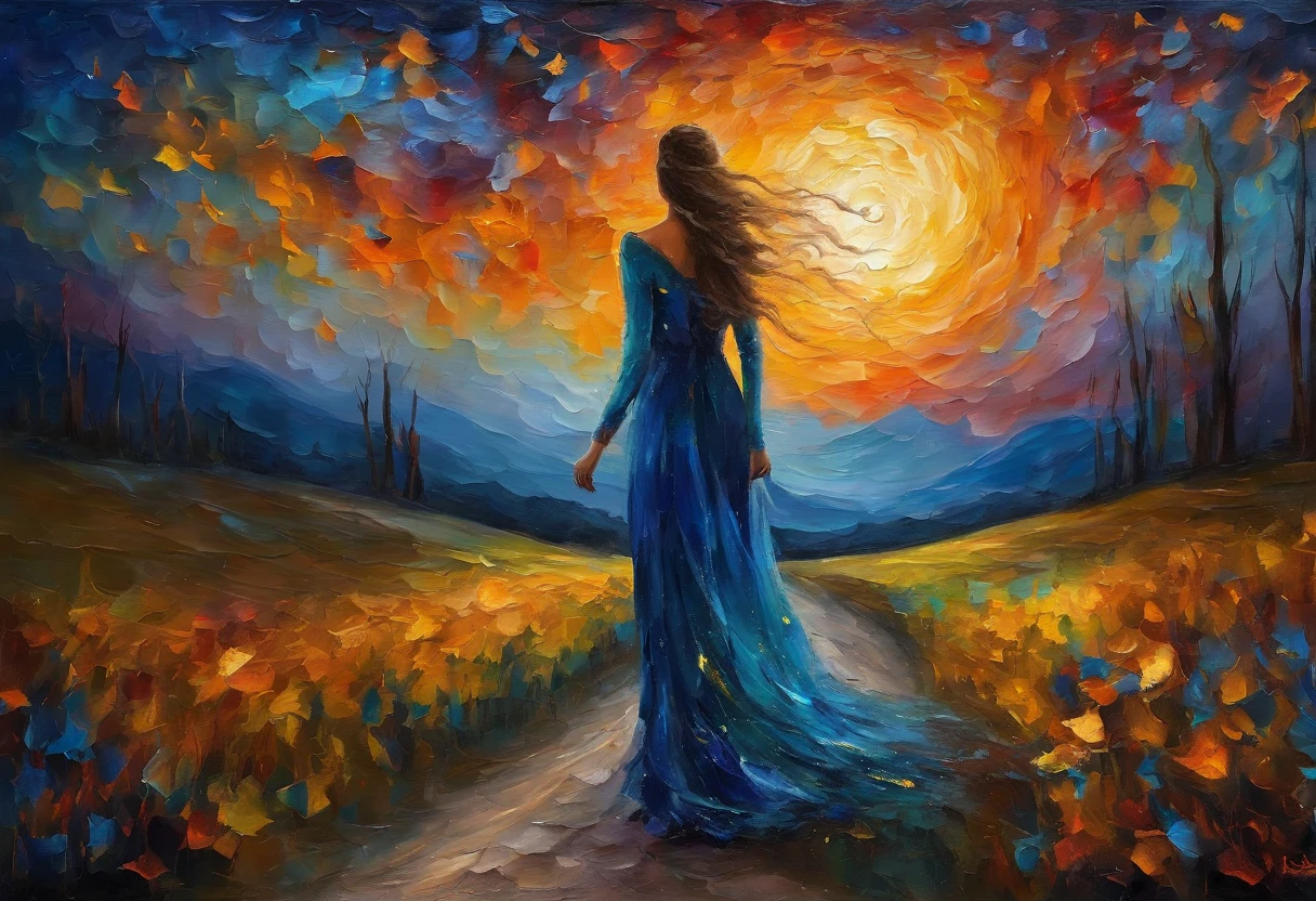 landscape, A queen in a dress made of starry night veil is crossing on the Earth down below with her extraordinary long hem dragging. As she walks, starry night falls on her path. A starry night fantasy. perfect beautiful face, perfect hands, fantasy art, landscape,
