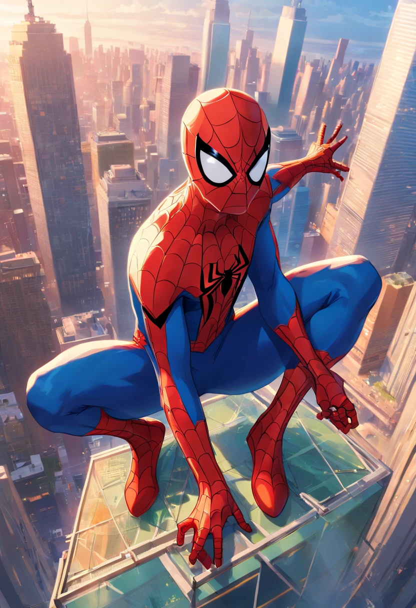 Spider man on top of a skyscraper, olhando para a cidade de Nova York