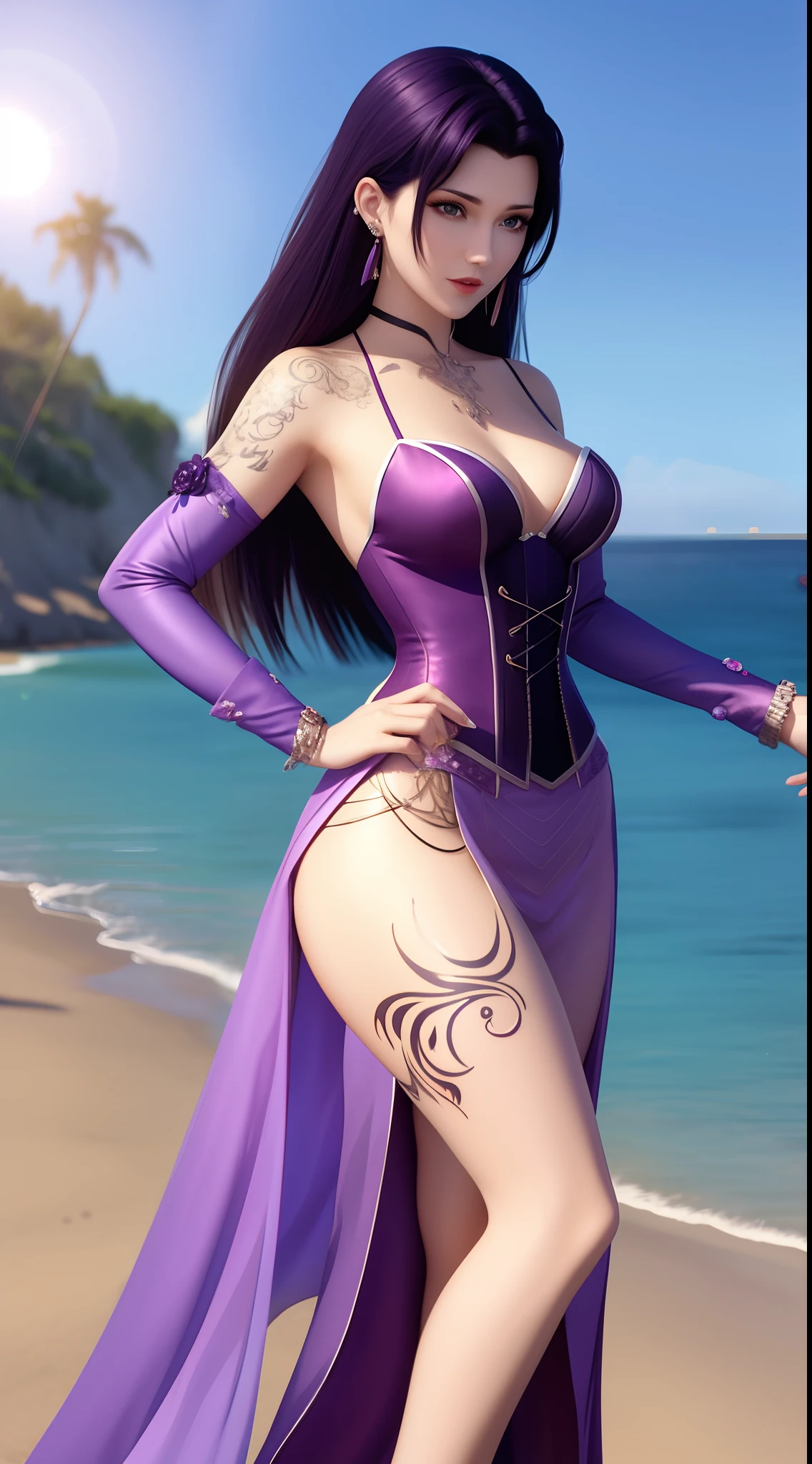 An animated woman posing in front of the beach in a very sexy purple dress and corset，Tattooed with