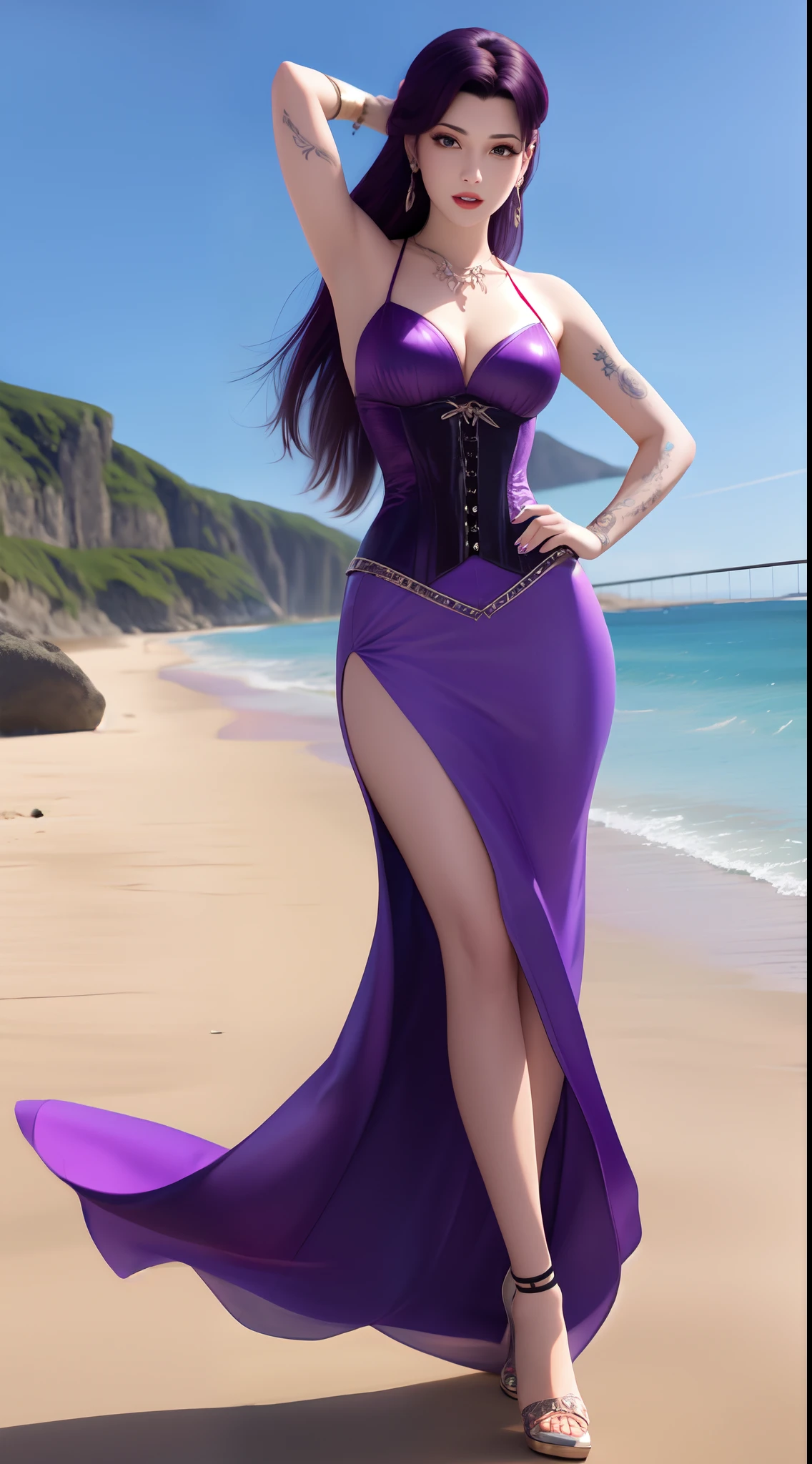 An animated woman posing in front of the beach in a very sexy purple dress and corset,Tattooed with