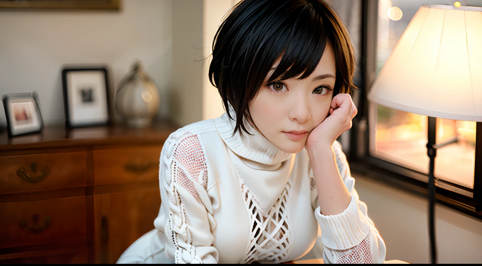 ((pixie_cut short_hair):1.2), 8K、Raw photography。top-quality、high_quality、Extreme_Detail_Photography、Eye for extreme detail、Super Detail Face、Hair in super detail、Super detail body、(Photography Lighting:1.3)、1girl、Puffy eyes、Eyes in good shape。Brown-eyed、dark brown short hair、good lips、Small lips、Raw photo, Best Quality, masutepiece, ultra-detailliert, (black cable-knit long dress with turtleneck:1.5), 超A high resolution, Realistic,wide_angle, tiny head, (huge_breasts:1.7), (ankle:1.4), ((((solo)))), thick thighs, (seductive posture:2.0), stretching up arms, perfect hands, perfect fingers, feminine fingers, looking at the viewer, (split_chin:1.3), hands hidden