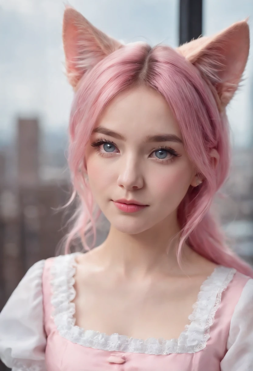 A unicorn girl with white and pink hair dark blue eyes and dressed in light blues and pinks