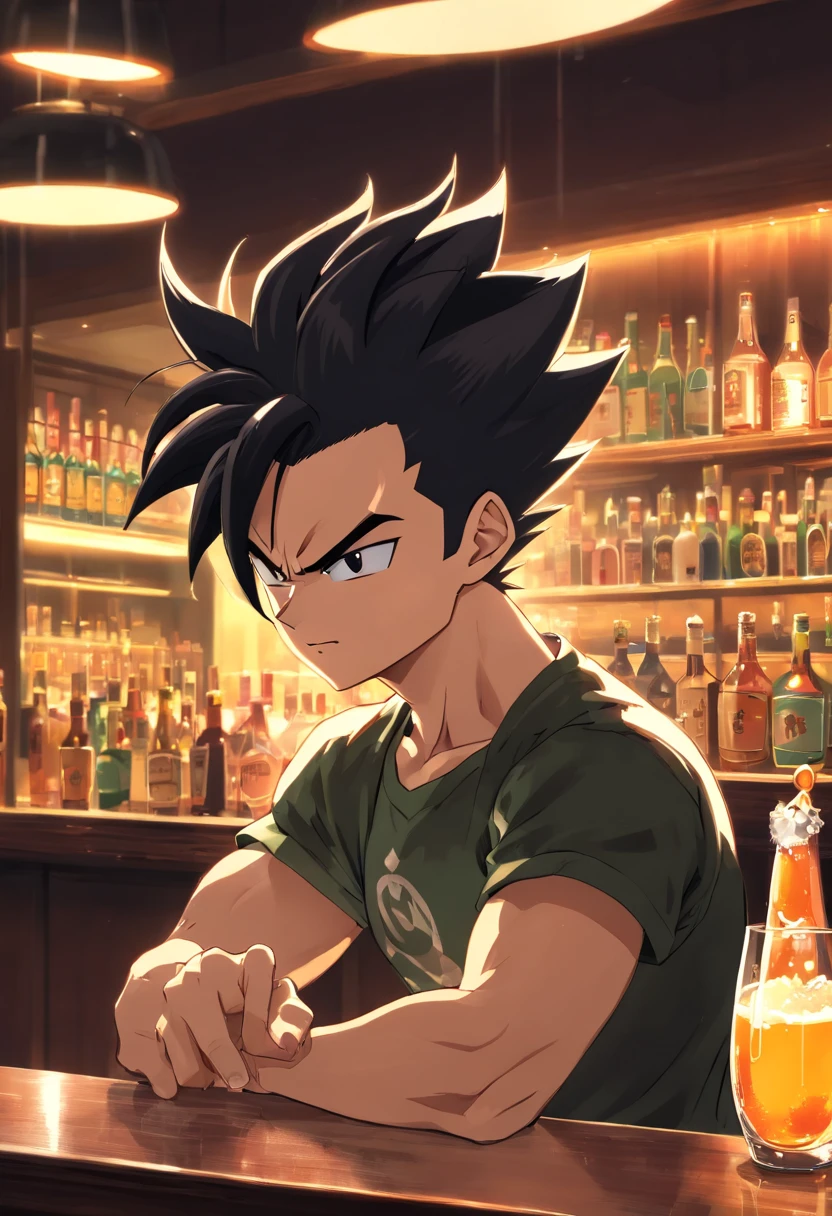 Vegeta, Dragon ball z, masculino, ((((vestindo terno preto))))), cabelo vegeta, cabelo principe dos saiyajins ,Bebendo uma cerveja em uma bar, incredible details, corpo perfeito, perfect hands, rosto perfeito, cabelo perfeito, estilo de arte por akiyra toryama, dynamic background of a bar