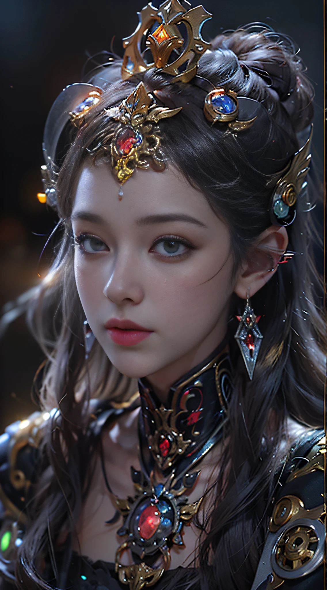 (((Masterpiece, top quality, super detailed))), (((One endless mage girl, 14 years old, radiating magic))), (((complex mechanical headgear, complex mechanical steampunk fashion and overdecorated gothic fashion and neon glitter cyberpunk fashion fusion of))), bust-up photos, ((((very detailed face))), (((very sharp focused eyes))), very large slit dark gray eyes that shine like jewels. Very long eyelashes, long dark hair in vertical curls, thick bangs, perfect princess cut, very gorgeous tiara, (((perfectly accurate human anatomy))), long neck, narrow shoulders, long slender arms, small breasts, very narrow waist, very small buttocks, long slender legs, (((overall accuracy has been dramatically improved, creating super detailed, realistic and realistic images)))), (((magic, magic spell light, magic weapon))), dynamic poses, cinematic lighting,