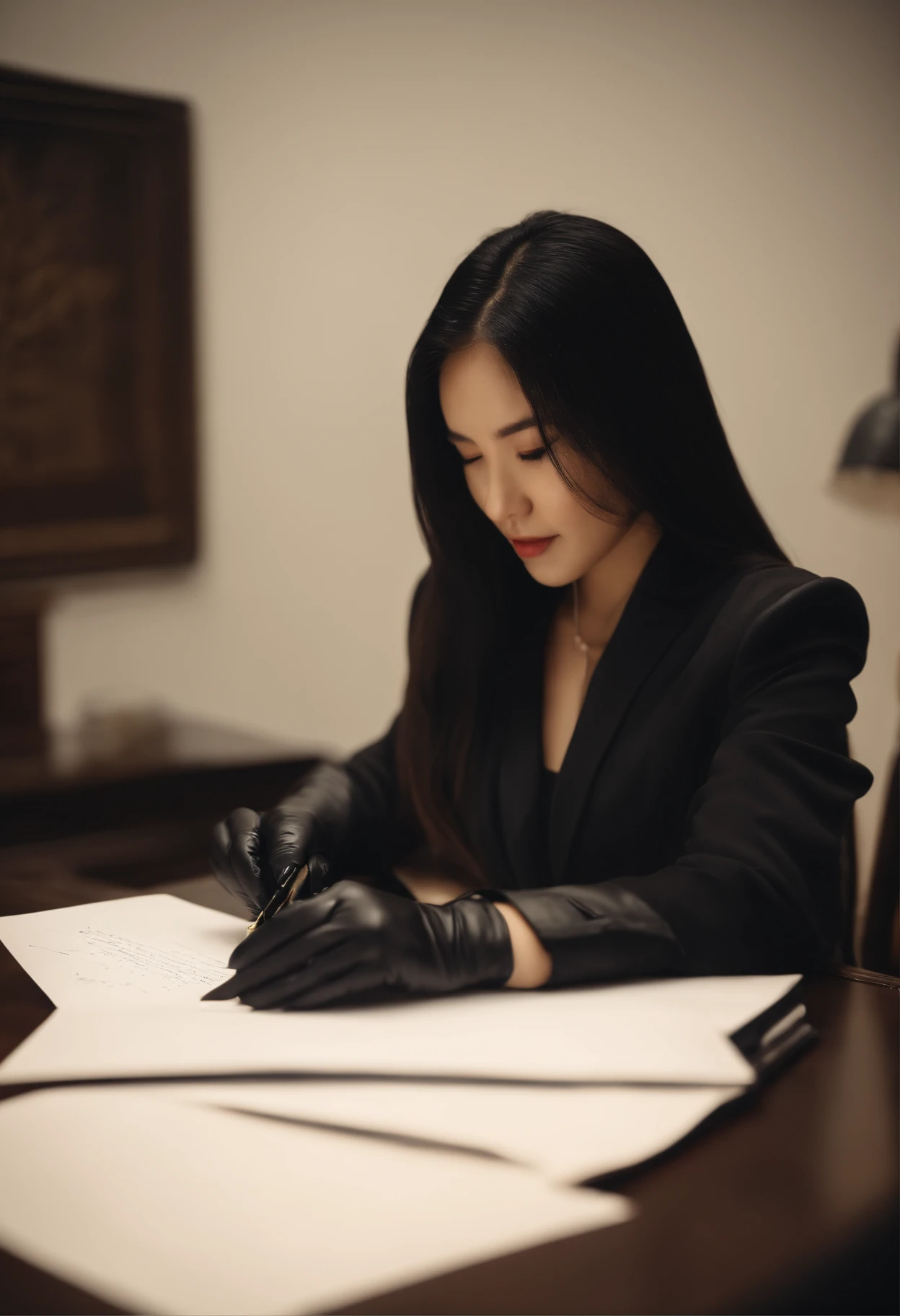 Wearing black leather gloves in both hands, upper body, black business suit, facing the desk in the modern study in the dark, looking down and smiling, writing a letter using a fountain pen, long, straight black hair, young Japanese woman (black leather gloves cover both hands)