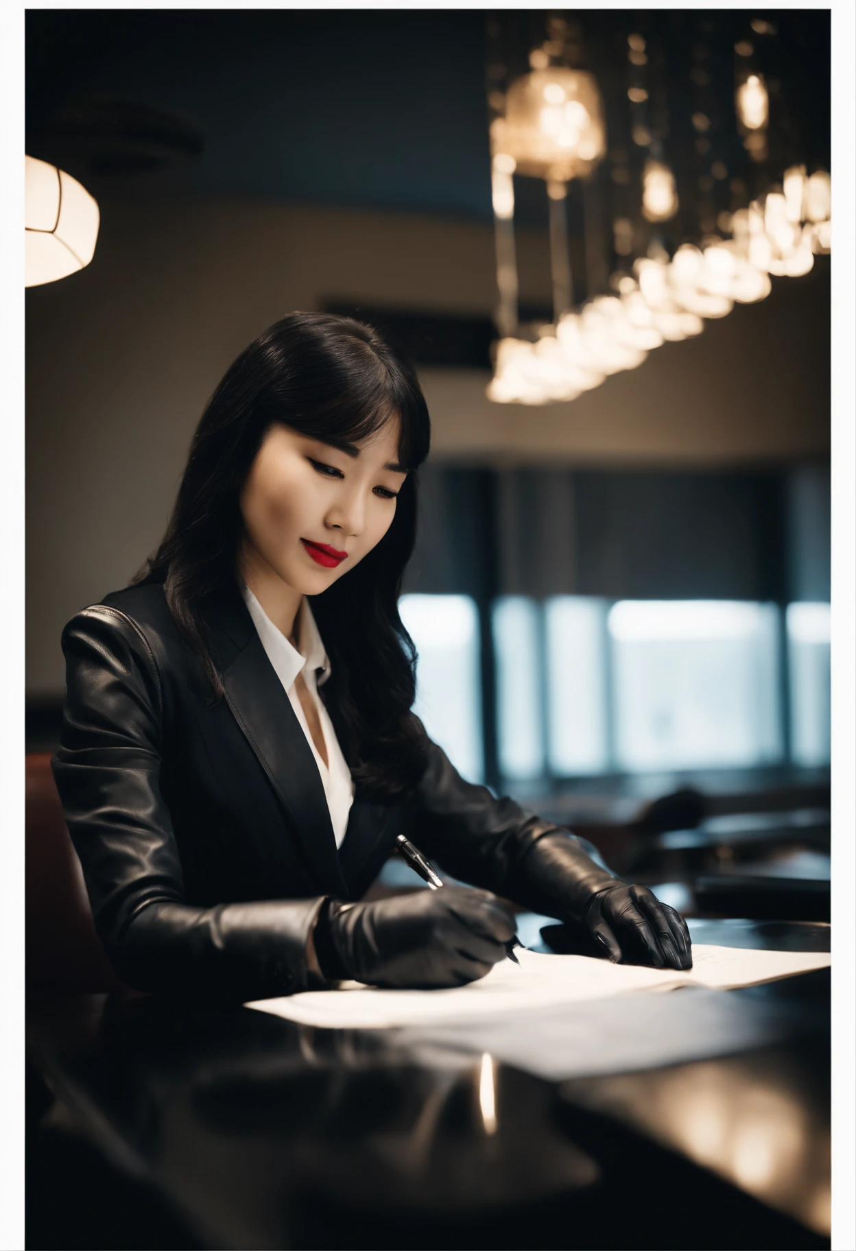 Wearing black leather gloves in both hands, upper body, black business suit, facing the desk in the modern study in the dark, looking down and smiling, writing a letter using a fountain pen, long, straight black hair, young Japanese woman (black leather gloves cover both hands)