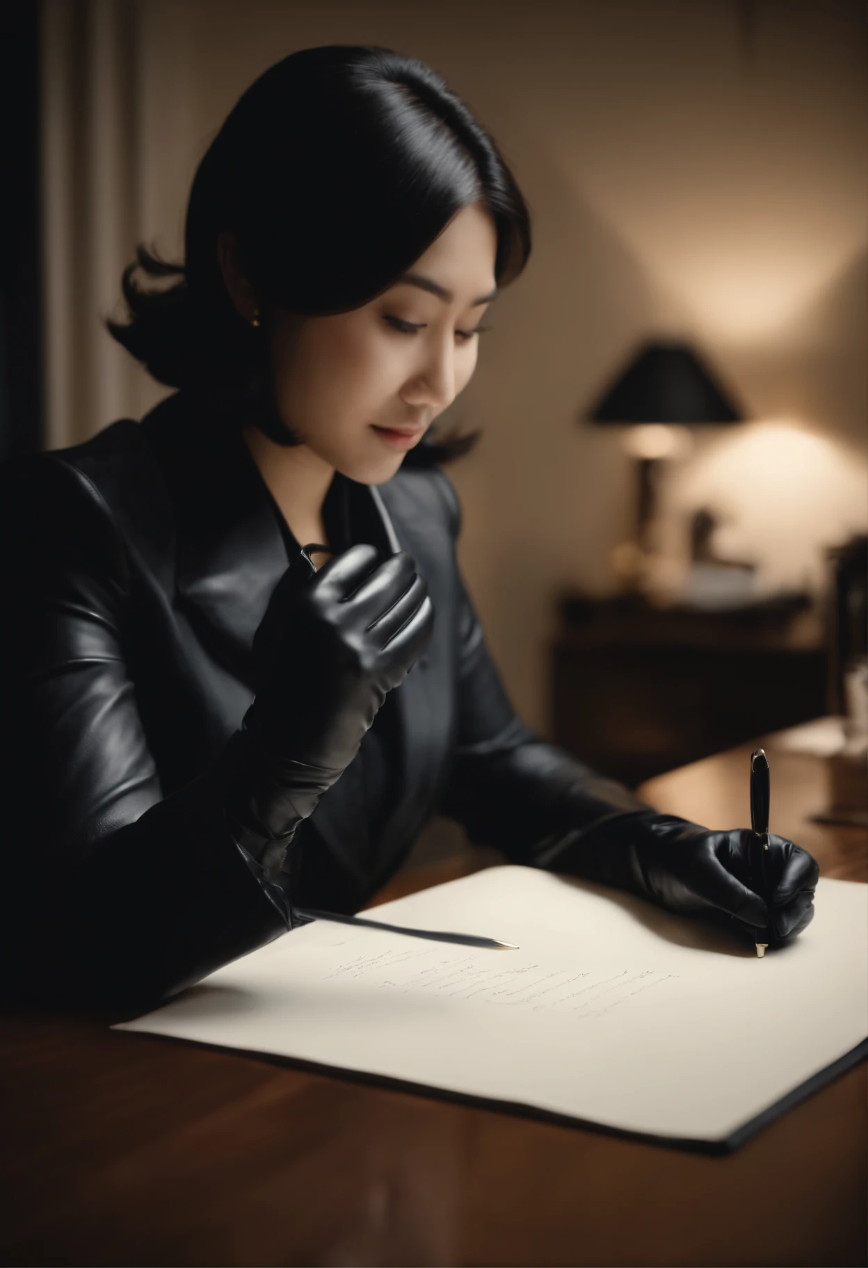 Wearing black leather gloves in both hands, upper body, black business suit, facing the desk in the modern study in the dark, looking down and smiling, writing a letter using a fountain pen, long, straight black hair, young Japanese woman (black leather gloves cover both hands)