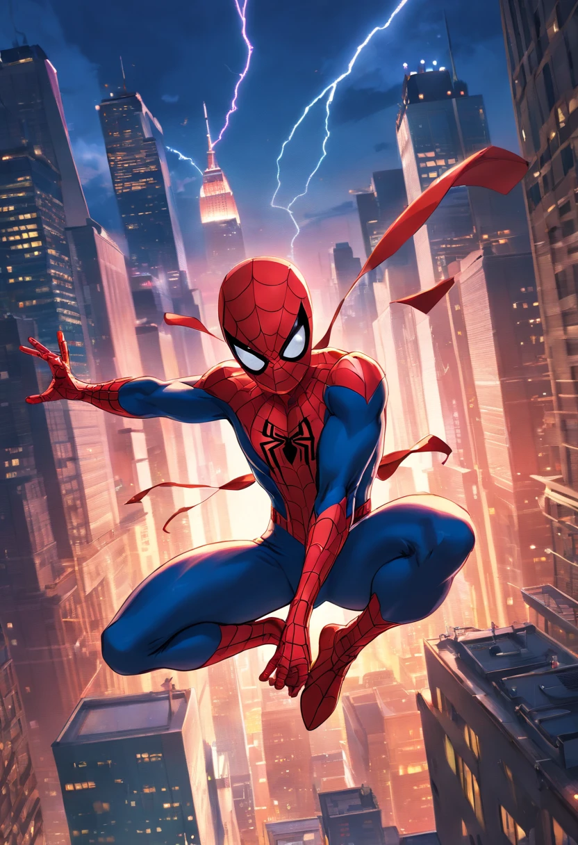 (best quality,4k,8k,highres,masterpiece:1.2),ultra-detailed,(realistic,photorealistic,photo-realistic:1.37),spiderman,spider man,superhero,Marvel character,New York City,skyscraper,tall building,cityscape,crowded streets,Central Park,beautiful skyline,NYC skyline,glimmering lights,night view,twinkling stars,crimson sunset,dark clouds,urban landscape,flying,webslinger,red and blue costume,mask,webs,swinging,action-packed,tense atmosphere,intense gaze,muscular physique,heroic pose,adrenaline rush,incredible strength,towering heights,excitement,adventure,thrilling experience,gravity-defying,fast-paced,dynamic movement,acrobatic,energetic,jaw-dropping action,exhilarating,hypnotic spectacle,awe-inspiring marvel,colorful visuals,dramatic lighting,epic scene,spectacular display of power,iconic superhero,defender of justice,protector of the innocent,amazing abilities,larger-than-life figure,metropolis,building rooftops,spectacular panorama,New York City's spirit,enthralling view