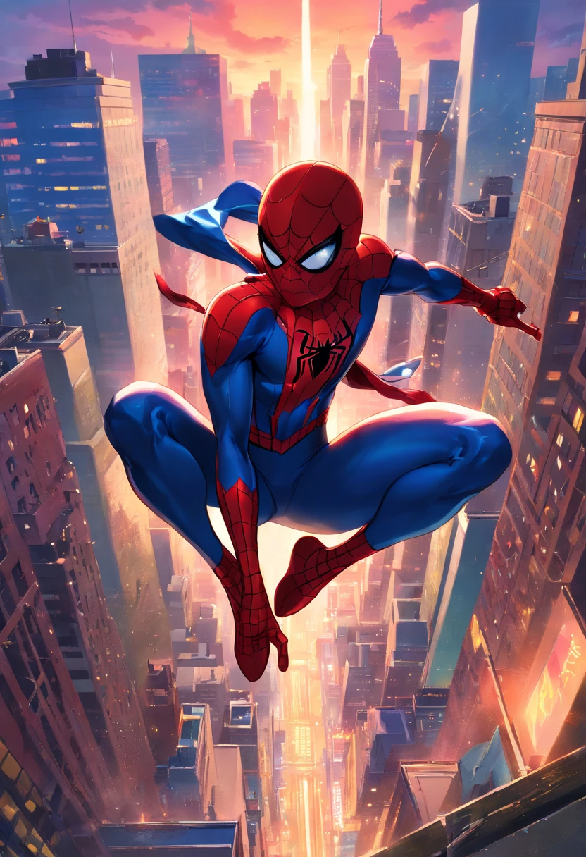 (best quality,4k,8k,highres,masterpiece:1.2),ultra-detailed,(realistic,photorealistic,photo-realistic:1.37),spiderman,spider man,superhero,Marvel character,New York City,skyscraper,tall building,cityscape,crowded streets,Central Park,beautiful skyline,NYC skyline,glimmering lights,night view,twinkling stars,crimson sunset,dark clouds,urban landscape,flying,webslinger,red and blue costume,mask,webs,swinging,action-packed,tense atmosphere,intense gaze,muscular physique,heroic pose,adrenaline rush,incredible strength,towering heights,excitement,adventure,thrilling experience,gravity-defying,fast-paced,dynamic movement,acrobatic,energetic,jaw-dropping action,exhilarating,hypnotic spectacle,awe-inspiring marvel,colorful visuals,dramatic lighting,epic scene,spectacular display of power,iconic superhero,defender of justice,protector of the innocent,amazing abilities,larger-than-life figure,metropolis,building rooftops,spectacular panorama,New York City's spirit,enthralling view