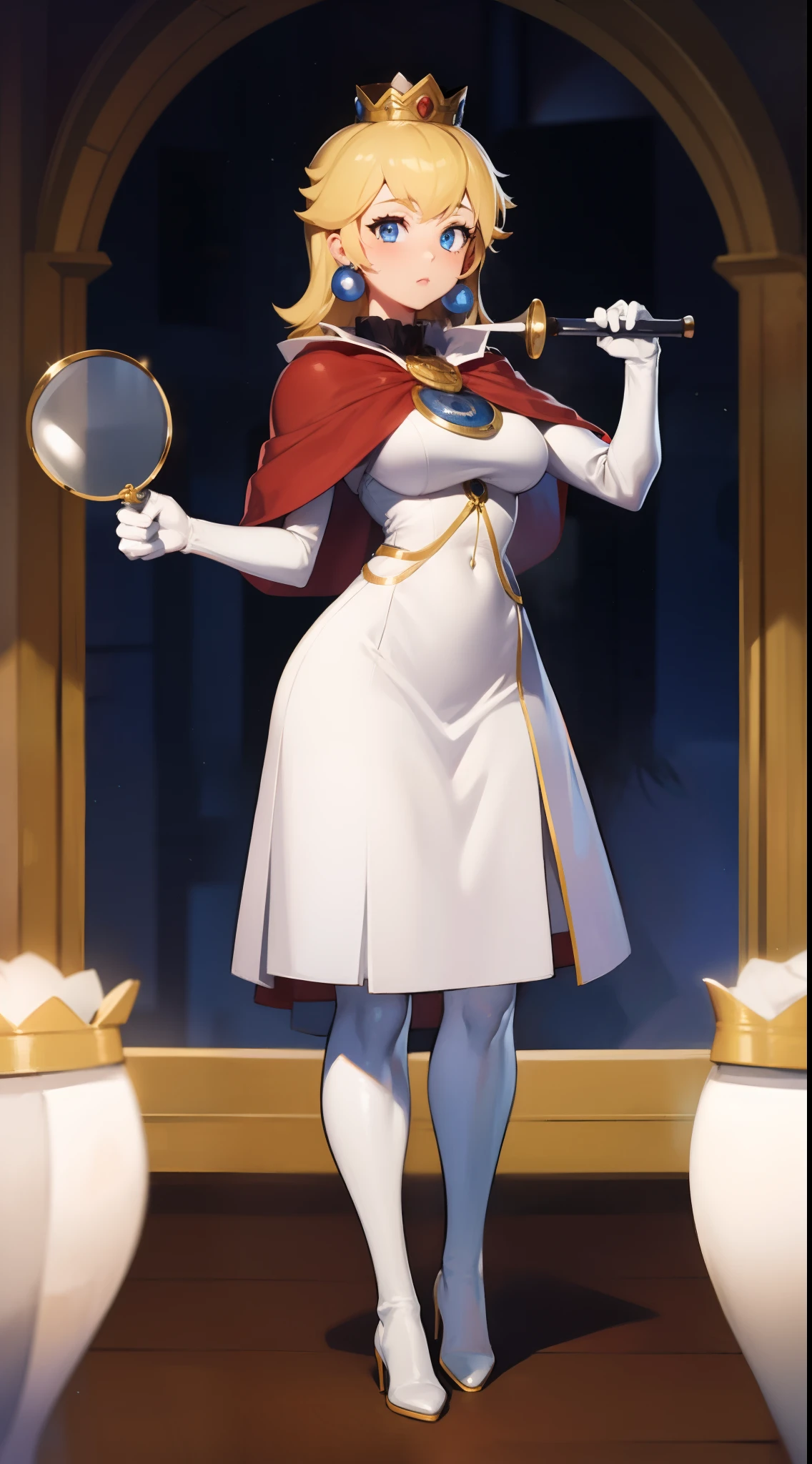 1girl, solo, Princess peach, Blonde hair, blue eyes, detective outfit, brown capelet, Brown business dress, white gloves, brown deerstalker, White tights, brown boots, Blue earrings, holding a magnifying glass, masterpiece, best quality, standing on a stage with a museum background.