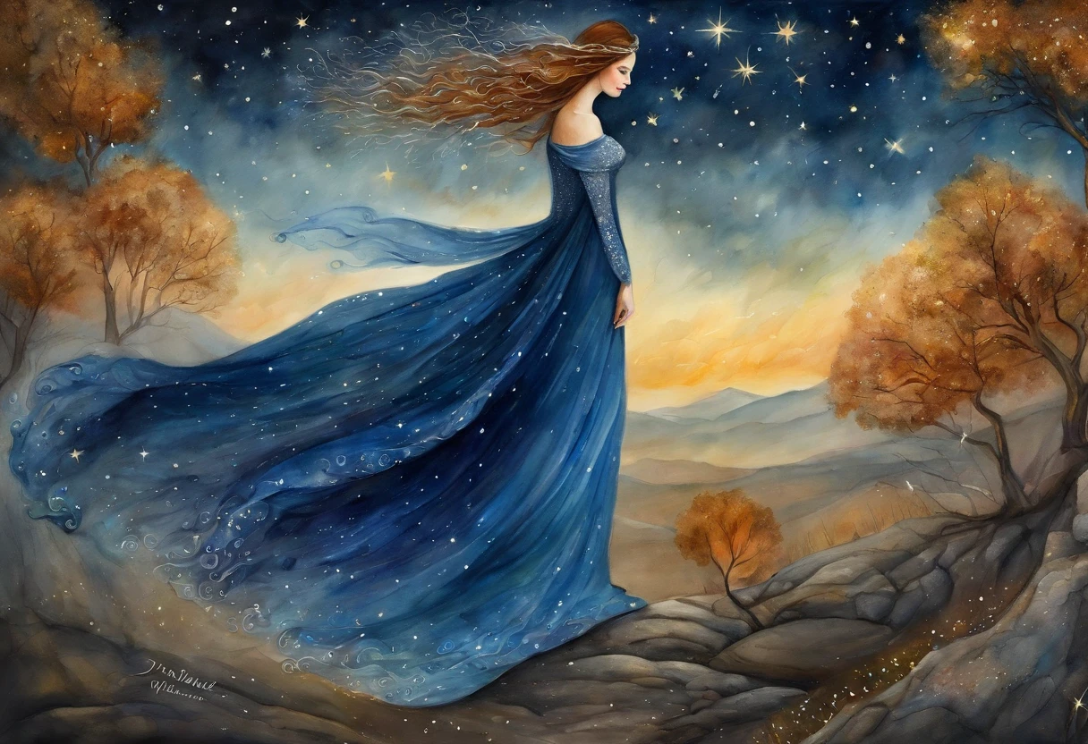 landscape, A queen in a dress made of starry night veil is crossing on the Earth down below with her extraordinary long hem dragging. As she walks, starry night falls on her path. A starry night fantasy. perfect beautiful face, perfect hands, fantasy art, landscape,
