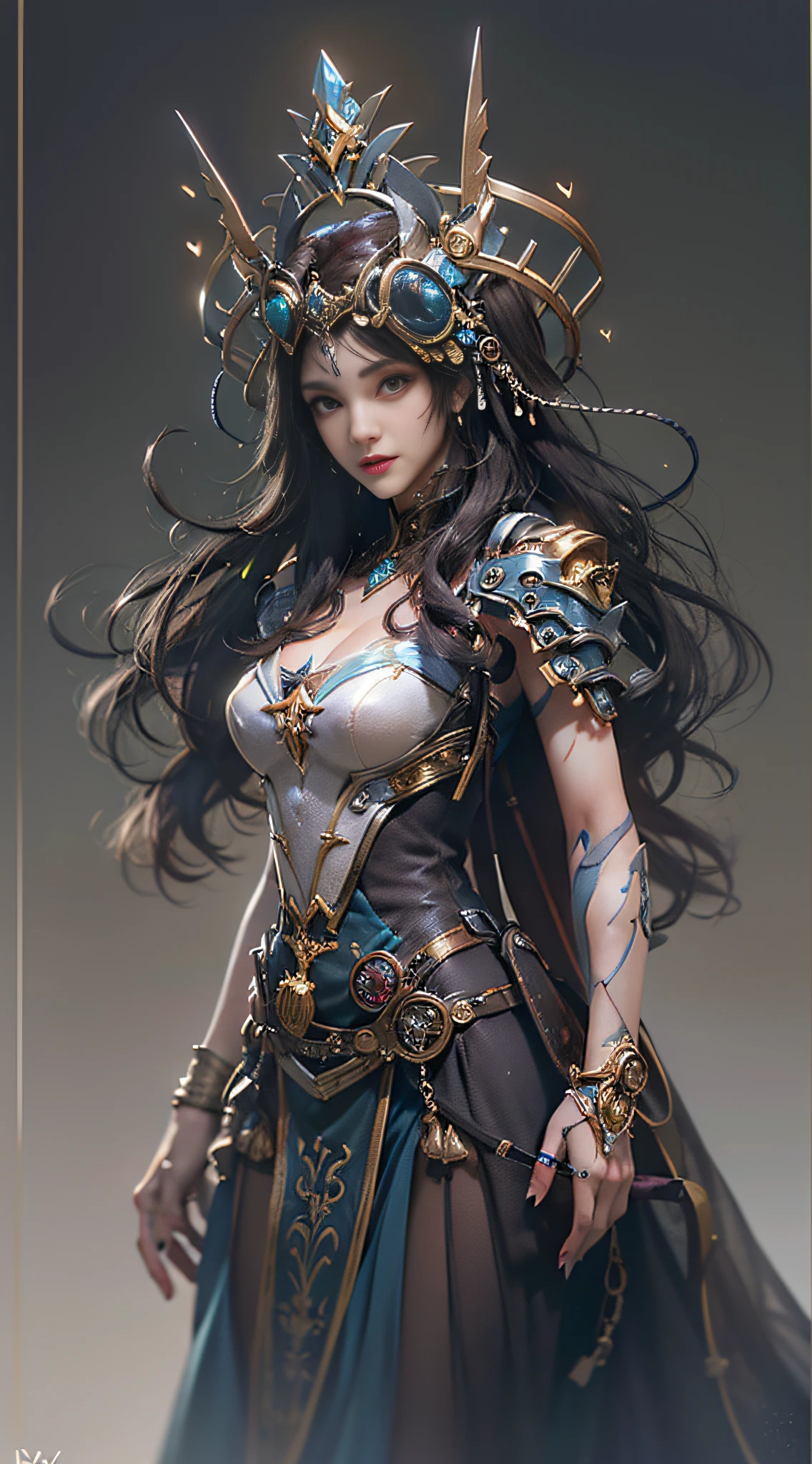 Professional , masterpiece、top-quality、photos realistic , depth of fields 、(Gemstone Blue Metal Body:1.2),(Matte Blue Black、(Standing in the church)、gold patterns、Wind-effect、Light Effects、Wind-effect、magic circles、(cleavage of the breast)、Dragon Gold Weapon(Dragon Metal Body:1.4),Gorgeous gold weapons ,(Particles of light)、 ,Fight soldiers in skeleton armor ,(fierce look)、Mystical expression、16-year-old beautiful girl、(( Dragon's dense and gorgeous sword)) , Ultimate Beauty 、((Blue hair))、(Castle background)、Fight dragons、Fight with weapons、((Gangle's forest background))、Beautiful Caucasian beauty、(1a person)、dynamic ungle,(((Details of the two demon horns on the head)))、Smaller head、A smile、Castle background、Thin and beautiful female hands、cleavage of the breast、Soldier in iron armor on background、Mystical expression、Light Effects、Wind-effect、magic circles、With the legendary magic wand、(demonic wings)、(Blue hair)、(1 persons)、Battle Look、Anatomically correct body、Toostock、Toostock、knee、Fight soldiers in skeleton armor ,
