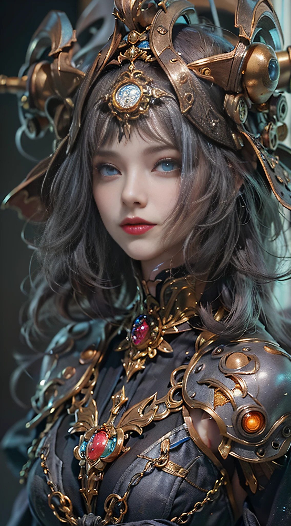 (((Masterpiece, top quality, super detailed))), (((One endless mage girl, 14 years old, radiating magic))), (((complex mechanical headgear, complex mechanical steampunk fashion and overdecorated gothic fashion and neon glitter cyberpunk fashion fusion of))), bust-up photos, ((((very detailed face))), (((very sharp focused eyes))), very large slit dark gray eyes that shine like jewels. Very long eyelashes, long dark hair in vertical curls, thick bangs, perfect princess cut, very gorgeous tiara, (((perfectly accurate human anatomy))), long neck, narrow shoulders, long slender arms, small breasts, very narrow waist, very small buttocks, long slender legs, (((overall accuracy has been dramatically improved, creating super detailed, realistic and realistic images)))), (((magic, magic spell light, magic weapon))), dynamic poses, cinematic lighting,