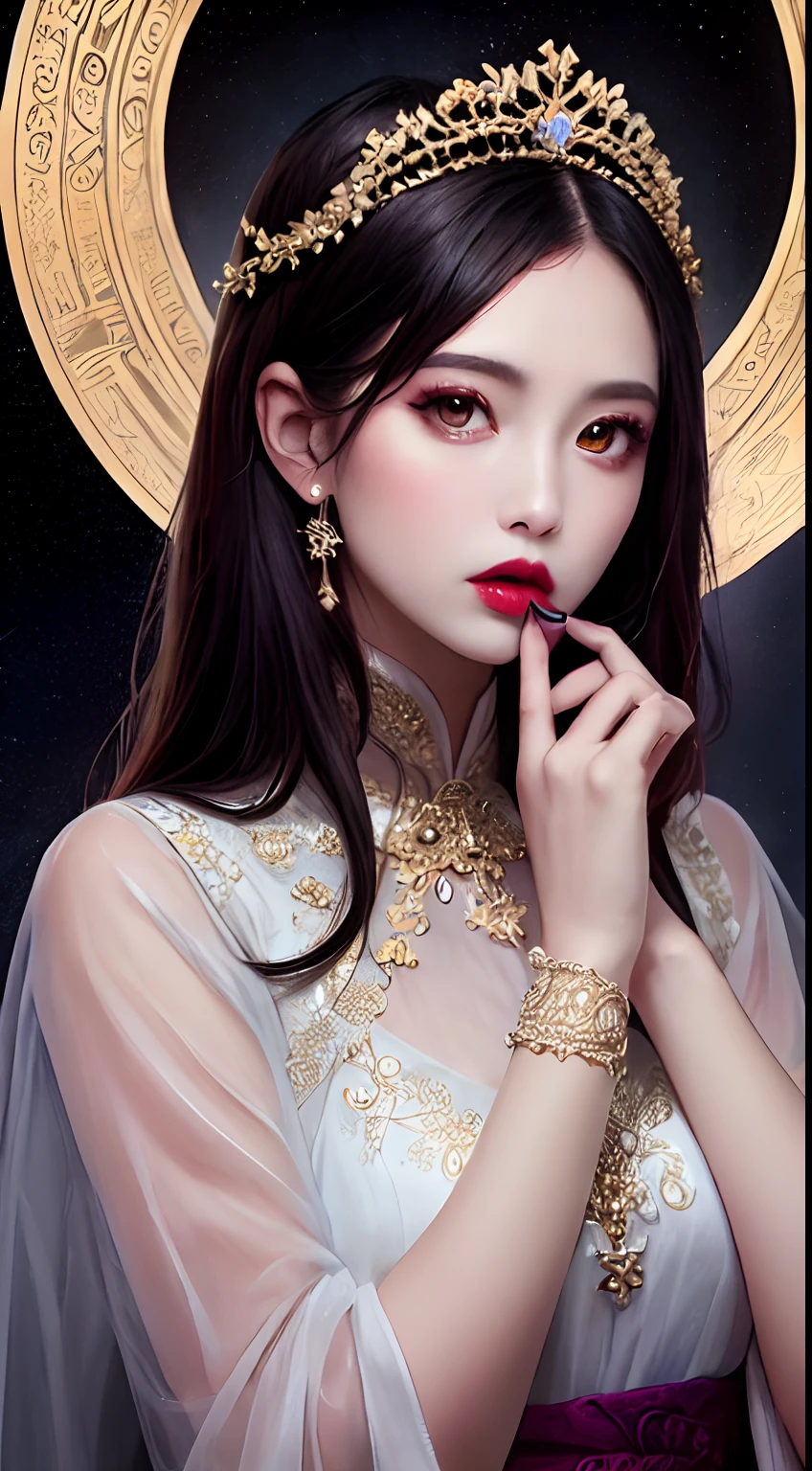1 27-year-old girl, 1 zodiac goddess from the future, goddess of the pink and purple 12 zodiacs, the goddess of the zodiac in a yellow ao dai, a 12 zodiac ao dai with many black lace detail, mythology Goddess of the 12 zodiacs from the future, zodiac ♏, luxurious glittering zodiac style, dark and mysterious version, zodiac crown, lipstick lips red, thin and beautiful lips, mouth closed, characters made by karol bak and pino daeni, intricate detail, detailed background, extremely detailed, light magic, a woman, clear face, hair long with bangs, beautiful face in detail and well-proportioned eyes, (transparent yellow eyes: 1.8), big round eyes and very beautiful and detailed makeup, foresight, silk dress, mysterious makeup , double bangs and dyed light blonde , upper half portrait, zodiac goddess portrait, arms hanging loosely, Realistic and vivid photo, (stars make up the zodiac: 1.7), (sky background zodiac and fictitious space and time portal: 1.8), fiction art, RAW photo, hanfu picture, best photo, best photo quality, 8k quality, 8k ultra, super realistic, real photo most economical, the goddess poses sexy and seductive,