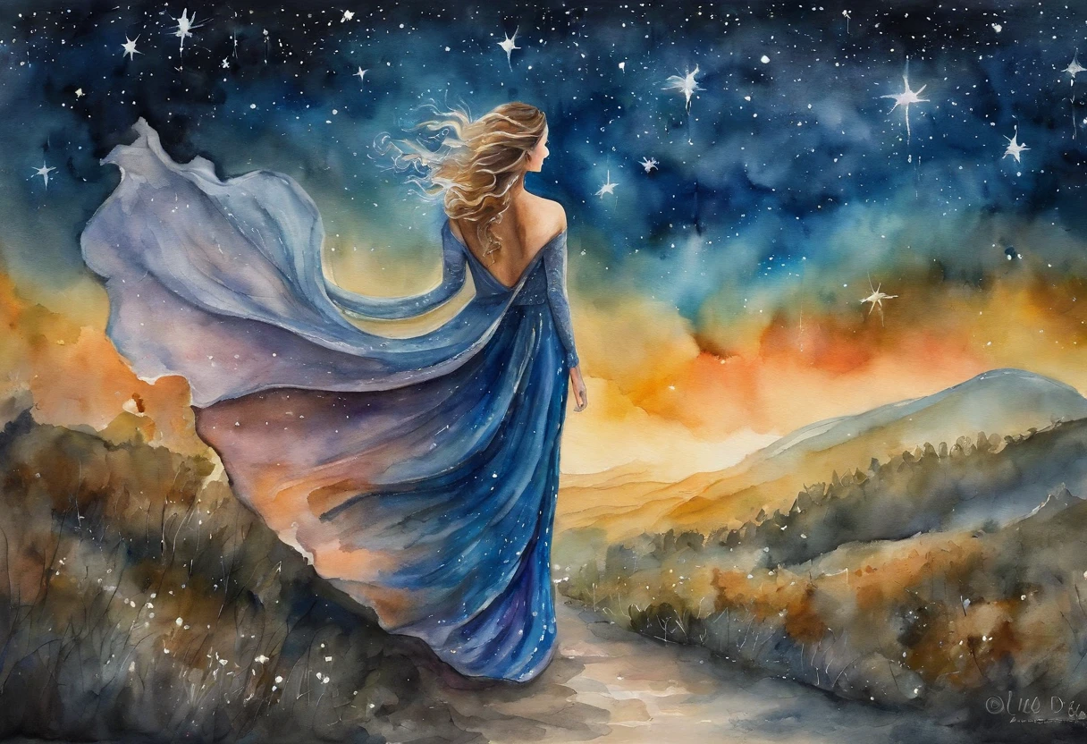 landscape, A queen in a dress made of starry night veil is crossing on the Earth down below with her extraordinary long hem dragging. As she walks, starry night falls on her path. A starry night fantasy. perfect beautiful face, perfect hands, fantasy art, landscape,