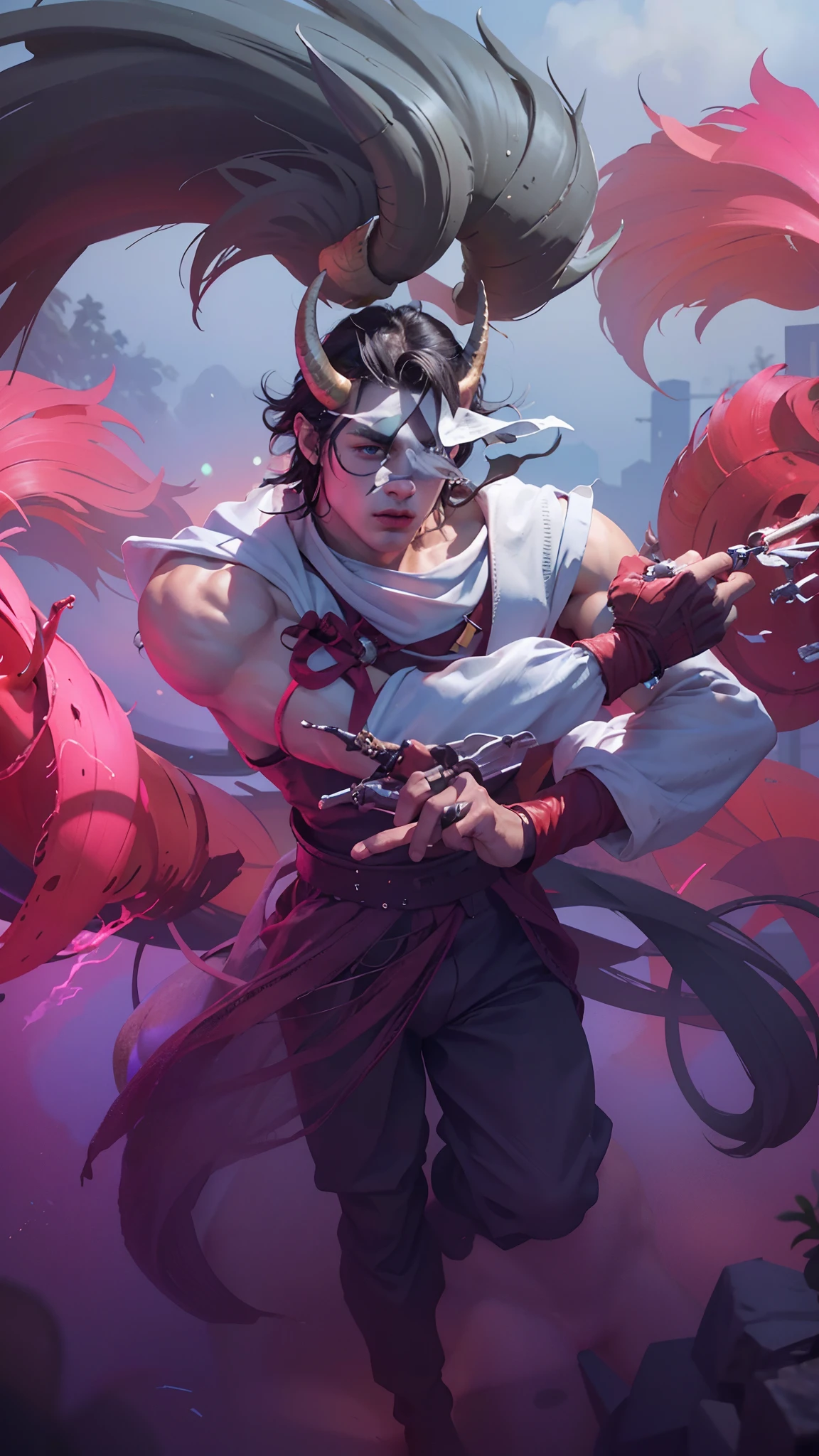 8K, Best Quality, Masterpiece, Ultra High Resolution, (Ultra Detailed Image), (Realistic: 1.4), Original Image, (Realistic Skin Texture: 1.3), (Film Grain: 1.3) , (Selfie angle), (1 Guy), (Long hair), Black hair, (Horned), (Red horn), Beautiful Eyes and Face Detail, Masterpiece, Best Quality, Close-up , Toned body, Perfect muscles, Exposed chest muscles, 6-pack body, Natural skin, No hair, No shirt, Transparent white shorts, (Standing boy), (Evening), Ban Night, Science Fiction, Urban, House, Lights, Electric Poles