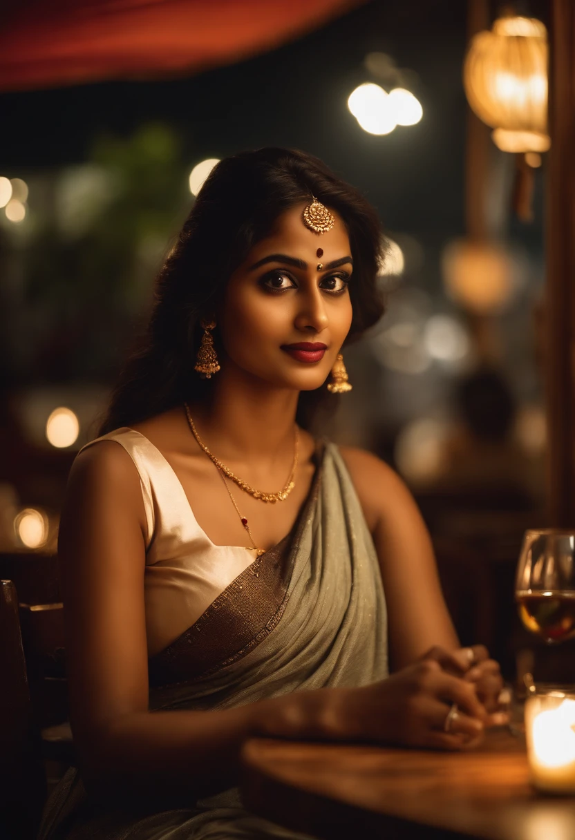 Indian woman sitting at a table in a restaurant with a glass of wine, gorgeous young Indian woman, beautiful young Indian woman, beautiful south indian woman, No background blur, overcast lighting, no cinematic lighting, round face, indian girl, beautiful korean girl, Mobile photography , mobile camera, taken in movile phone, realistic, ultra realistic human, female from india, in white clothes