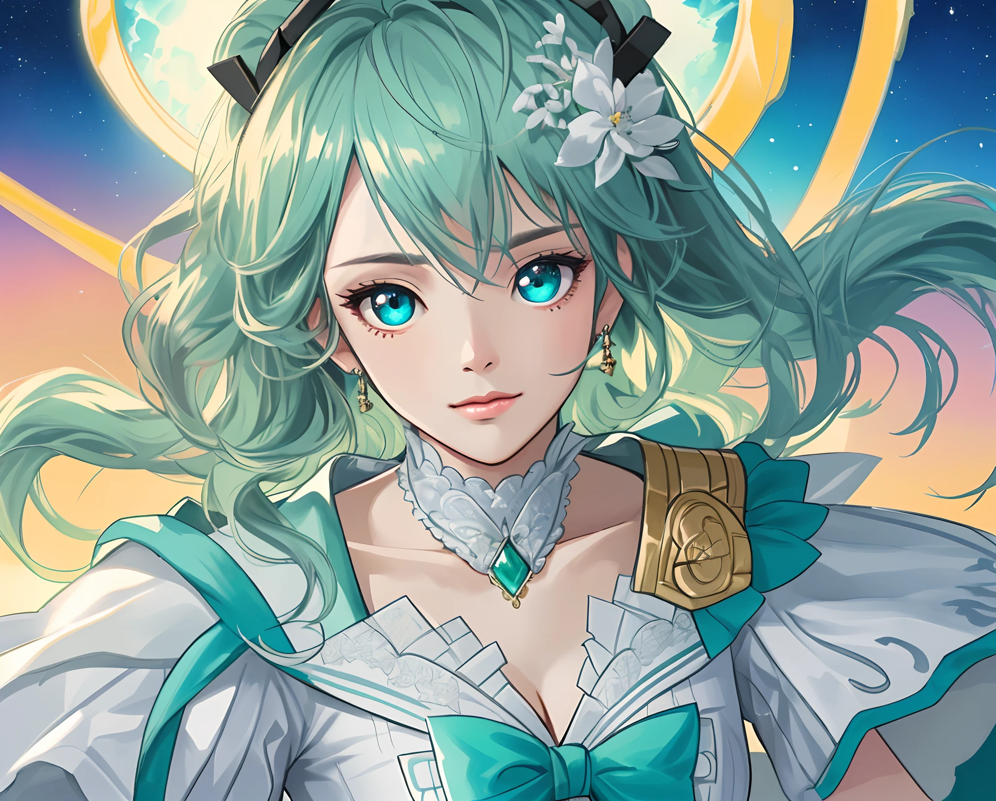 (sfw), (tmasterpiece:1.2), (best qualtiy), (tmasterpiece), (k hd), (extremely detaile), (highly-detailed face), (highly detailed eye), (sportrait:1.3), closeup cleavage, Majesty, light glow, a paradise, Skysky, MAGICAL MIRAI (2015), small boobs, Mint-colored hair, Mint-colored eyes, Double tail, The upper part of the body, (sportrait:1.2), closeup cleavage