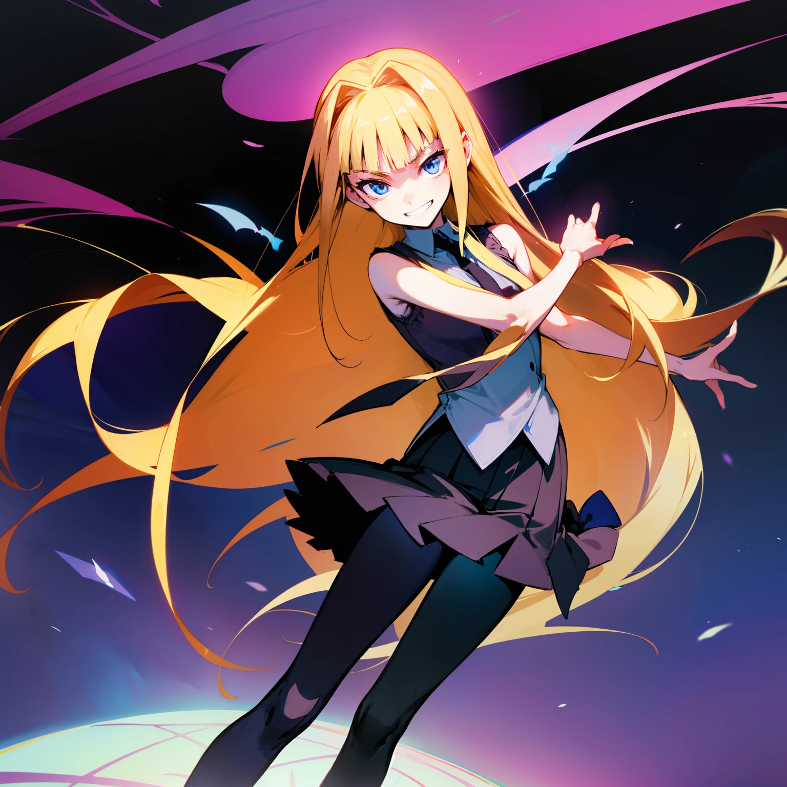 evangeline a. K. mcdowell、Magic Teacher Negima Character、a blond、length hair、Lori、a beauty girl、Anime Characters、The best characters、Blue Eyes、sleeveless、Black sleeveless、neck tie、Red tie、skirt by the、Black skirt、knee high socks、Black knee-high socks、underpants、Black pants、panties on、skirt rift、Grinning face、