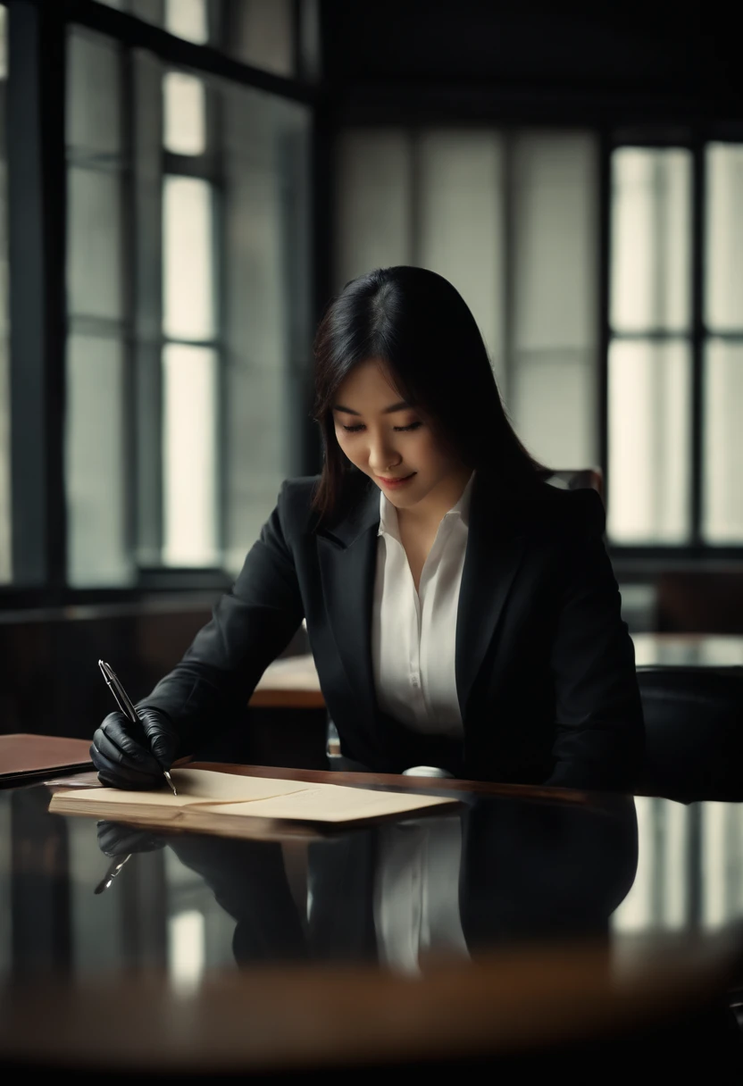 Wearing black leather gloves on both hands　The upper part of the body　Black Business Suit　Towards the desk in the study in the dark、Look down and smile、Write a letter with a fountain pen　long straight black hair　Young japanese lady(Black leather gloves cover both hands)