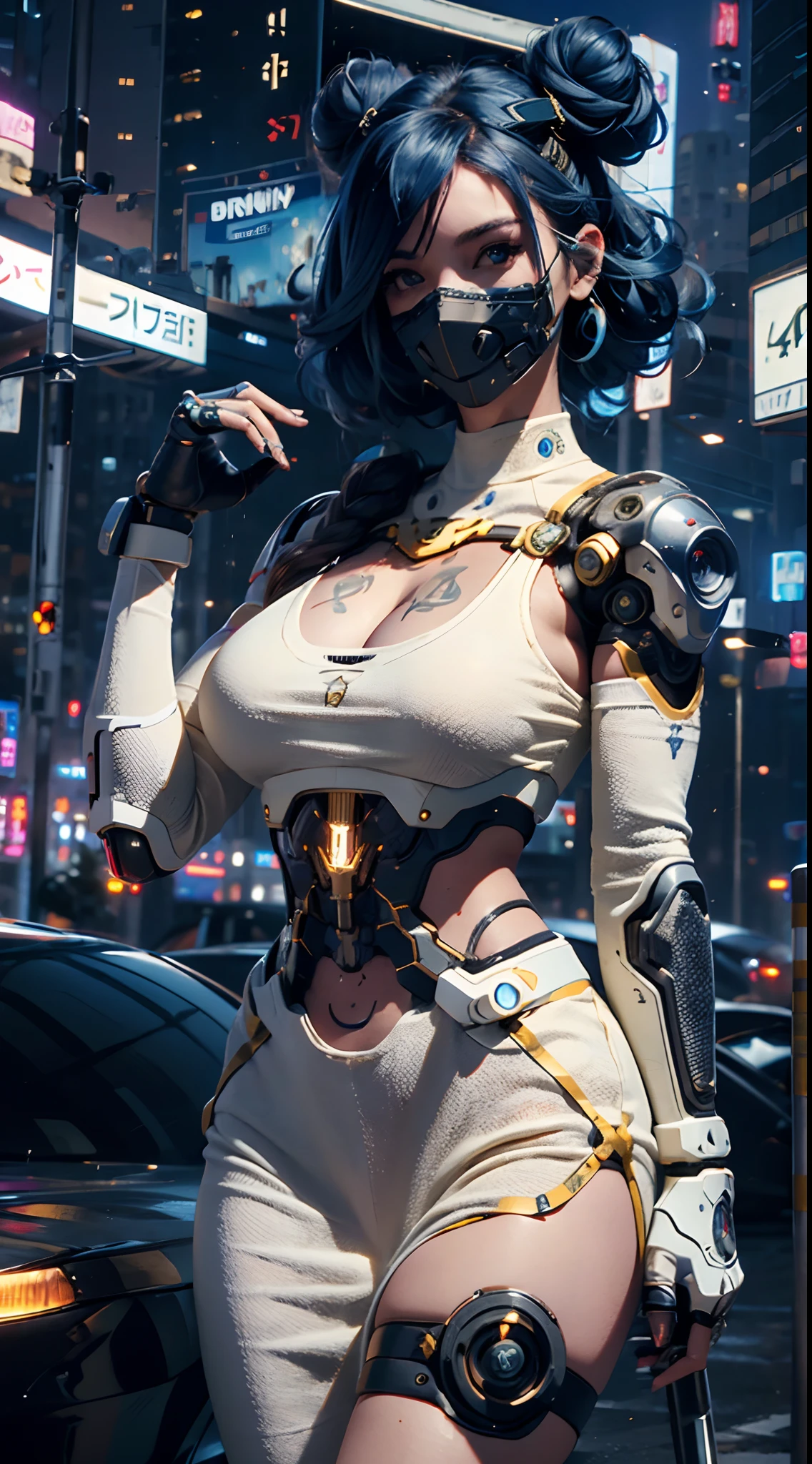 masterpiece, maximum quality,CG art,RTX 4090,best quality,4K,1080p,realistic,CG wallpaper,super high detailed,ultra high resolution, 8k, a woman,beauty,21years old,fair skin, extremely beautiful,strong gaze, alone,portrait,close-up face,cyberpunk outfit, extremely detailed face, detailed eyes,mischievous smile, cheerful, realistic photo, totally realistic, human pelle, studio lighting,golden ratio body, wide hips,perfect legs, big ass,blue hair,curly hair,double buns,blunt bangs,white clothing,D-cup breasts,in the rooftop of cyberpunk city,cyberpunk city background,((night)),rain,tattoos,Combat posture,((cyborg)),((Mechanical mask)),holding a katana