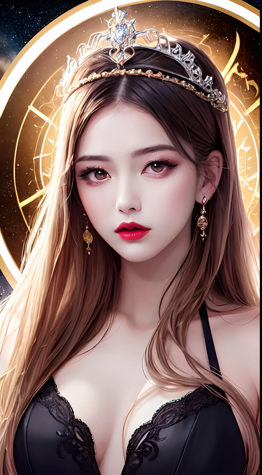 1 27-year-old girl, 1 zodiac goddess from the future, goddess of the pink and purple 12 zodiacs, the goddess of the zodiac in a yellow ao dai, a 12 zodiac ao dai with many black lace detail, mythology Goddess of the 12 zodiacs from the future, zodiac ♏, luxurious glittering zodiac style, dark and mysterious version, zodiac crown, lipstick lips red, thin and beautiful lips, mouth closed, characters made by karol bak and pino daeni, intricate detail, detailed background, extremely detailed, light magic, a woman, clear face, hair long with bangs, beautiful face in detail and well-proportioned eyes, (transparent yellow eyes: 1.8), big round eyes and very beautiful and detailed makeup, foresight, silk dress, mysterious makeup , double bangs and dyed light blonde , upper half portrait, zodiac goddess portrait, arms hanging loosely, Realistic and vivid photo, (stars make up the zodiac: 1.7), (sky background zodiac and fictitious space and time portal: 1.8), fiction art, RAW photo, hanfu picture, best photo, best photo quality, 8k quality, 8k ultra, super realistic, real photo most economical, the goddess poses sexy and seductive,